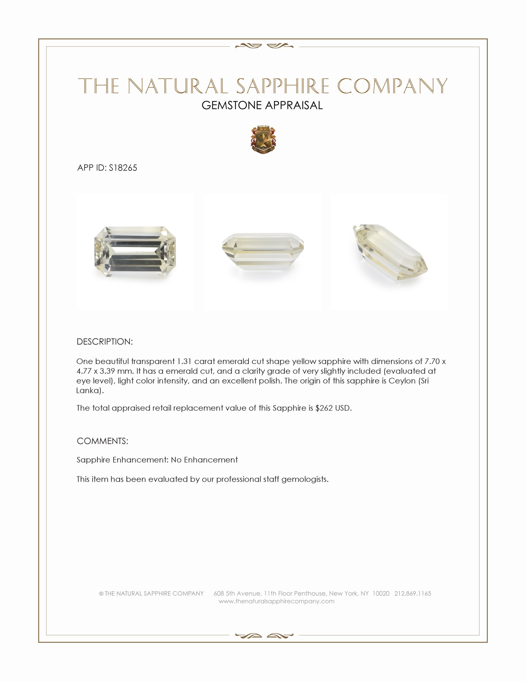 1.31 Ct. Yellow Sapphire from Ceylon (Sri Lanka)