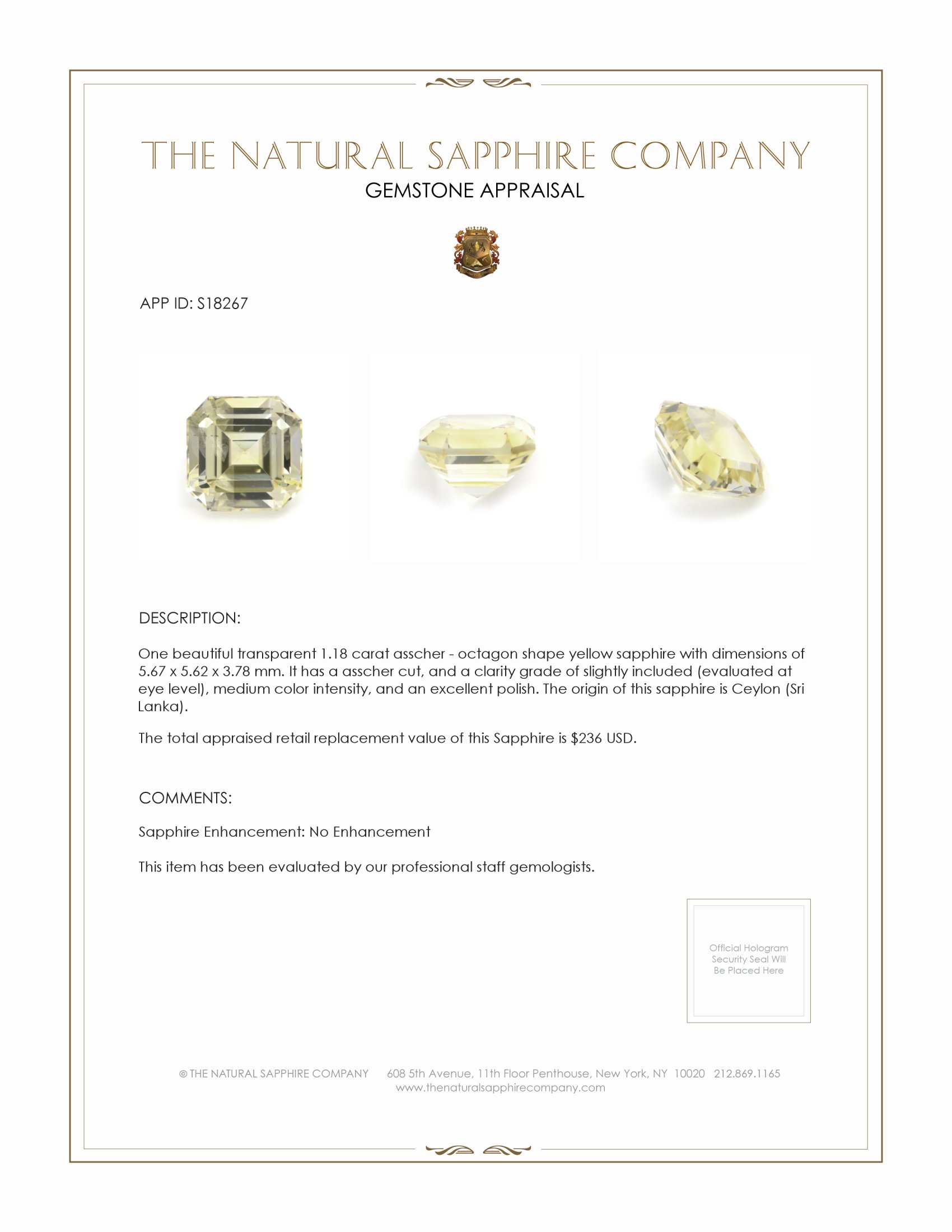 1.18 Ct. Yellow Sapphire from Ceylon (Sri Lanka)