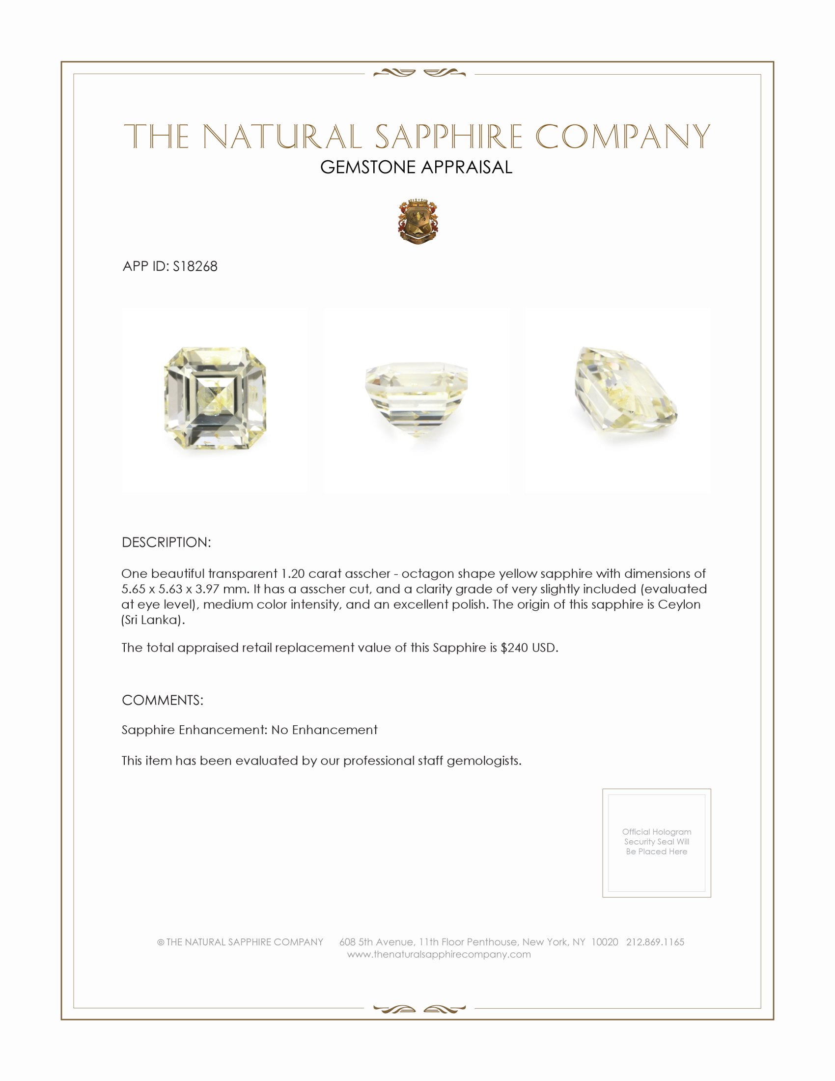 1.20 Ct. Yellow Sapphire from Ceylon (Sri Lanka)