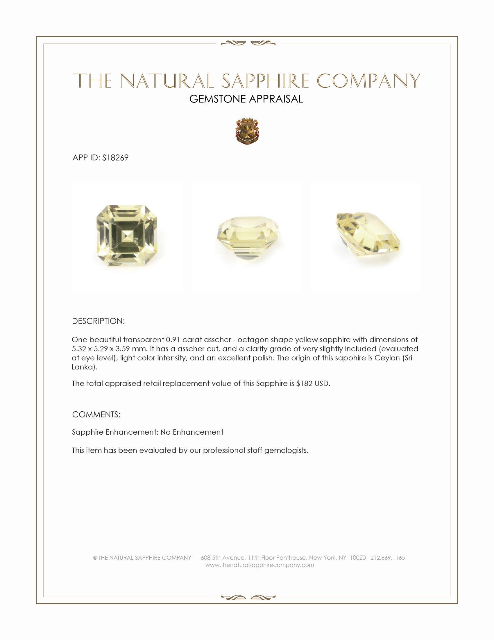 0.91 Ct. Yellow Sapphire from Ceylon (Sri Lanka)