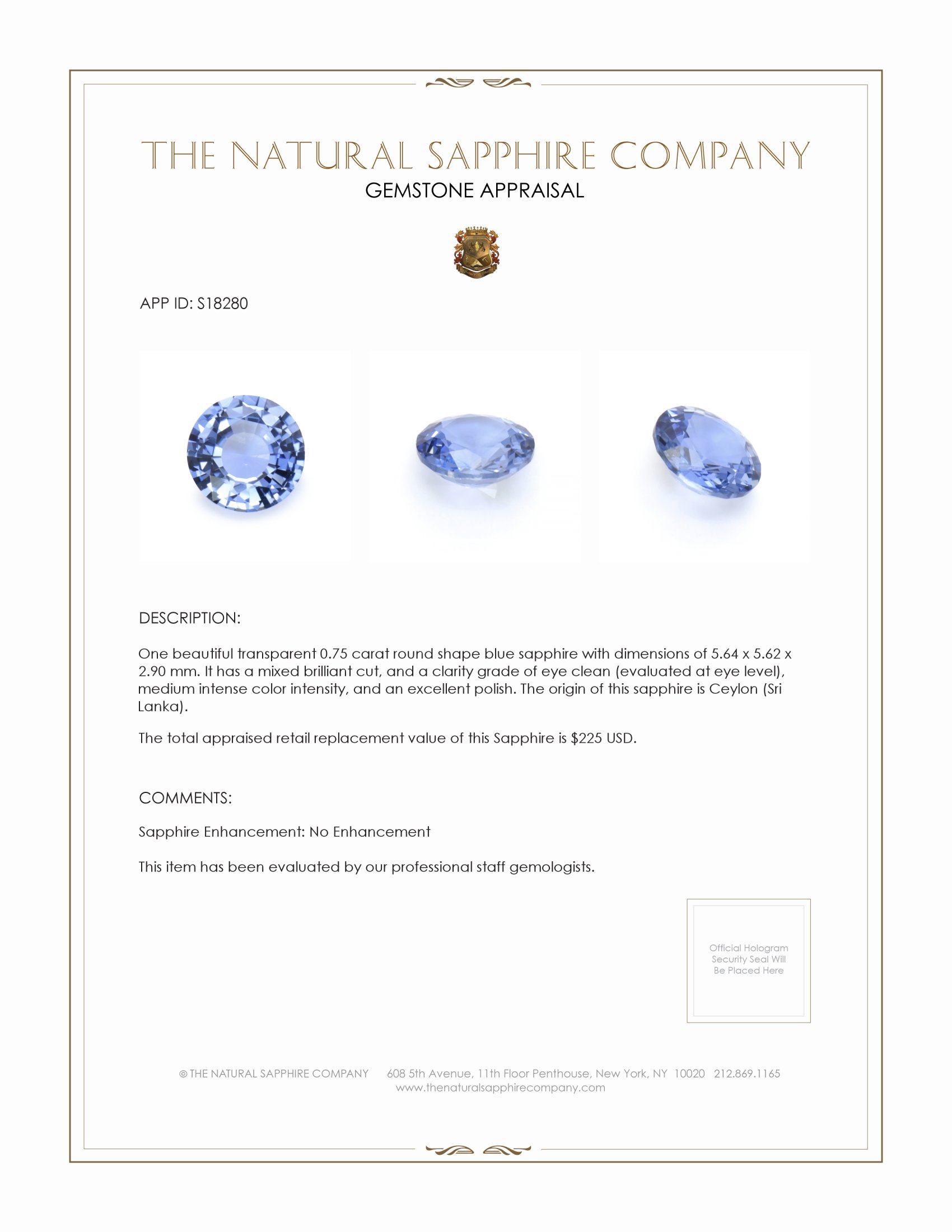 0.75 Ct. Blue Sapphire from Ceylon (Sri Lanka)