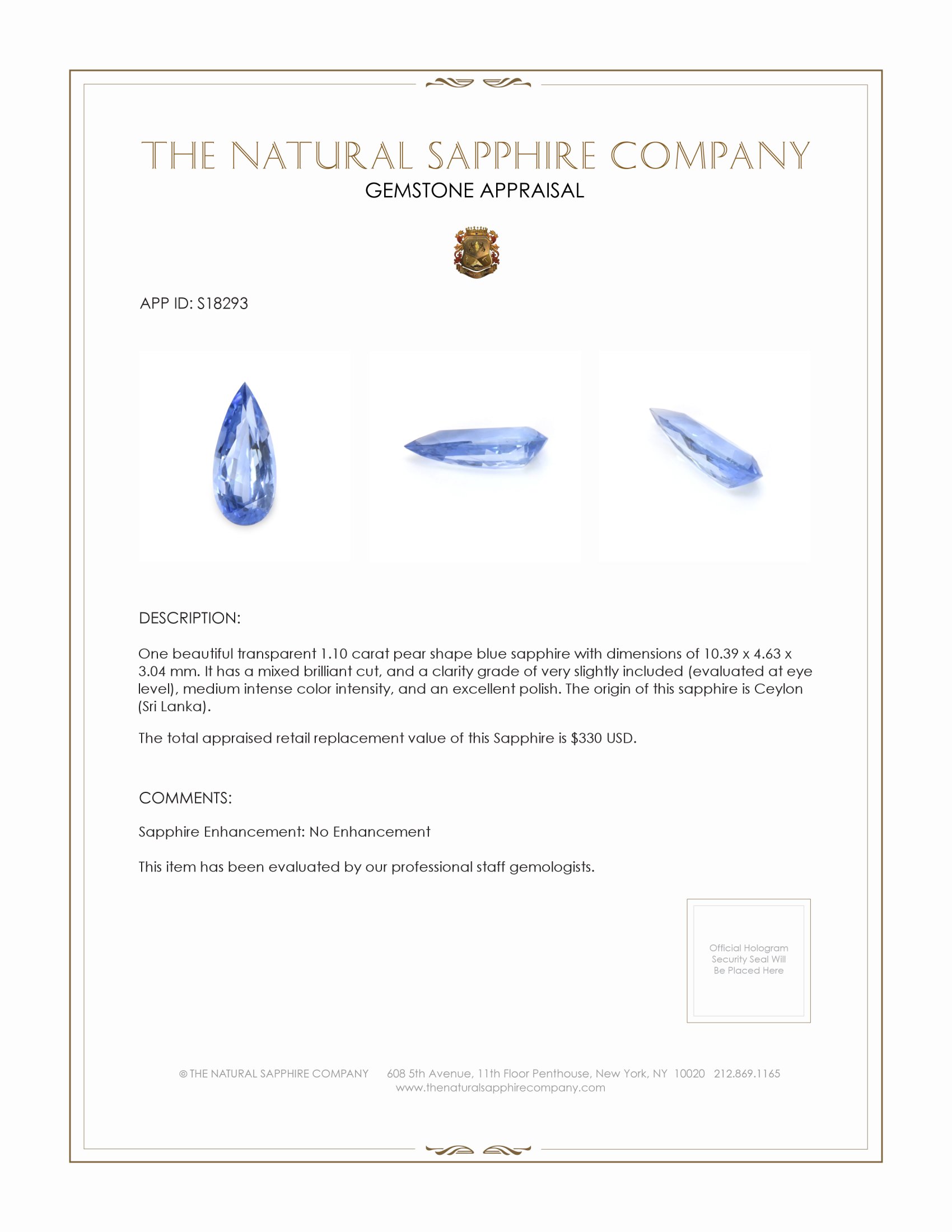 1.10 Ct. Blue Sapphire from Ceylon (Sri Lanka)