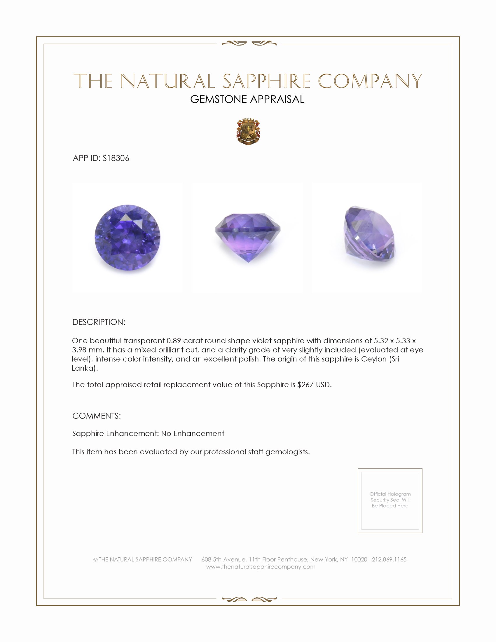 0.89 Ct. Violet Sapphire from Ceylon (Sri Lanka)