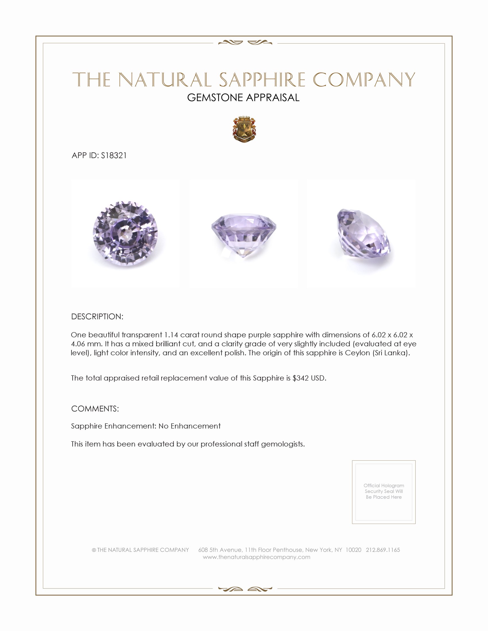 1.14 Ct. Purple Sapphire from Ceylon (Sri Lanka)