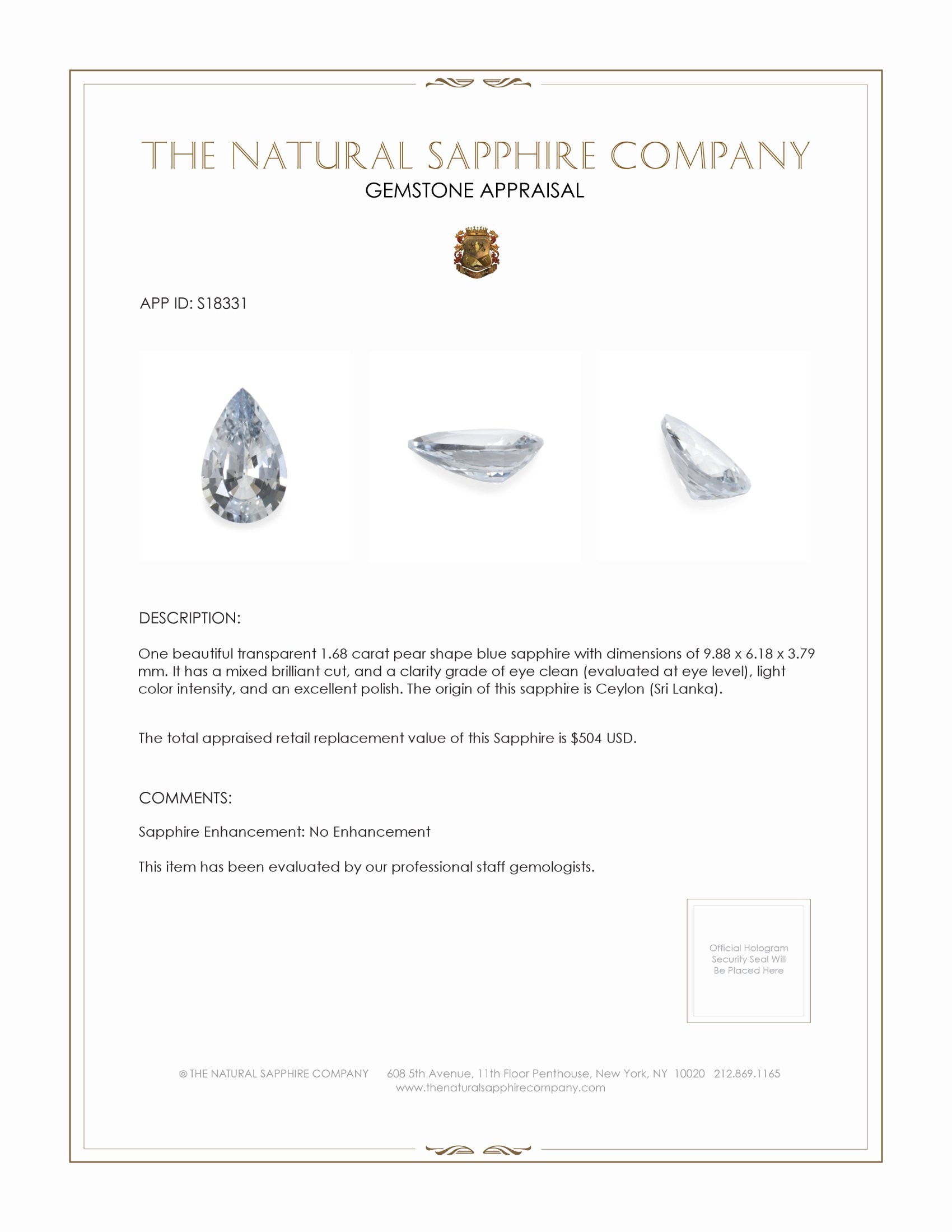 1.68 Ct. Blue Sapphire from Ceylon (Sri Lanka)