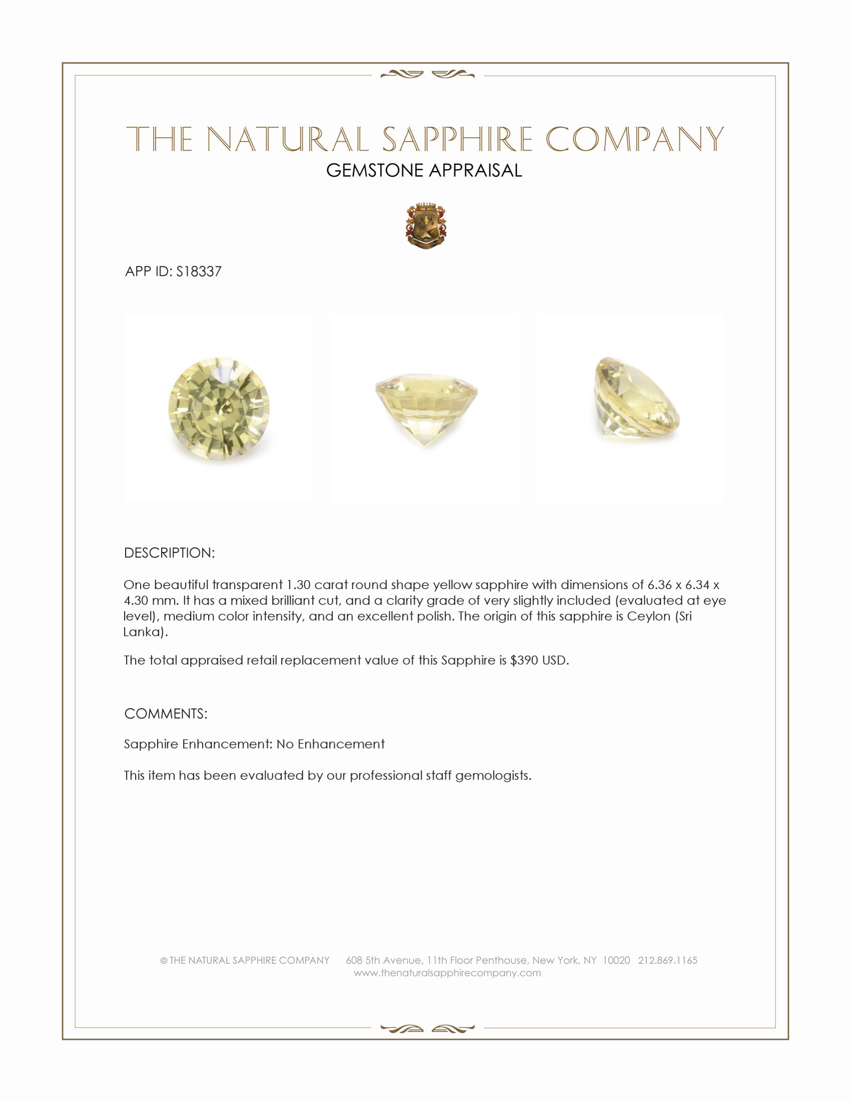 1.30 Ct. Yellow Sapphire from Ceylon (Sri Lanka)