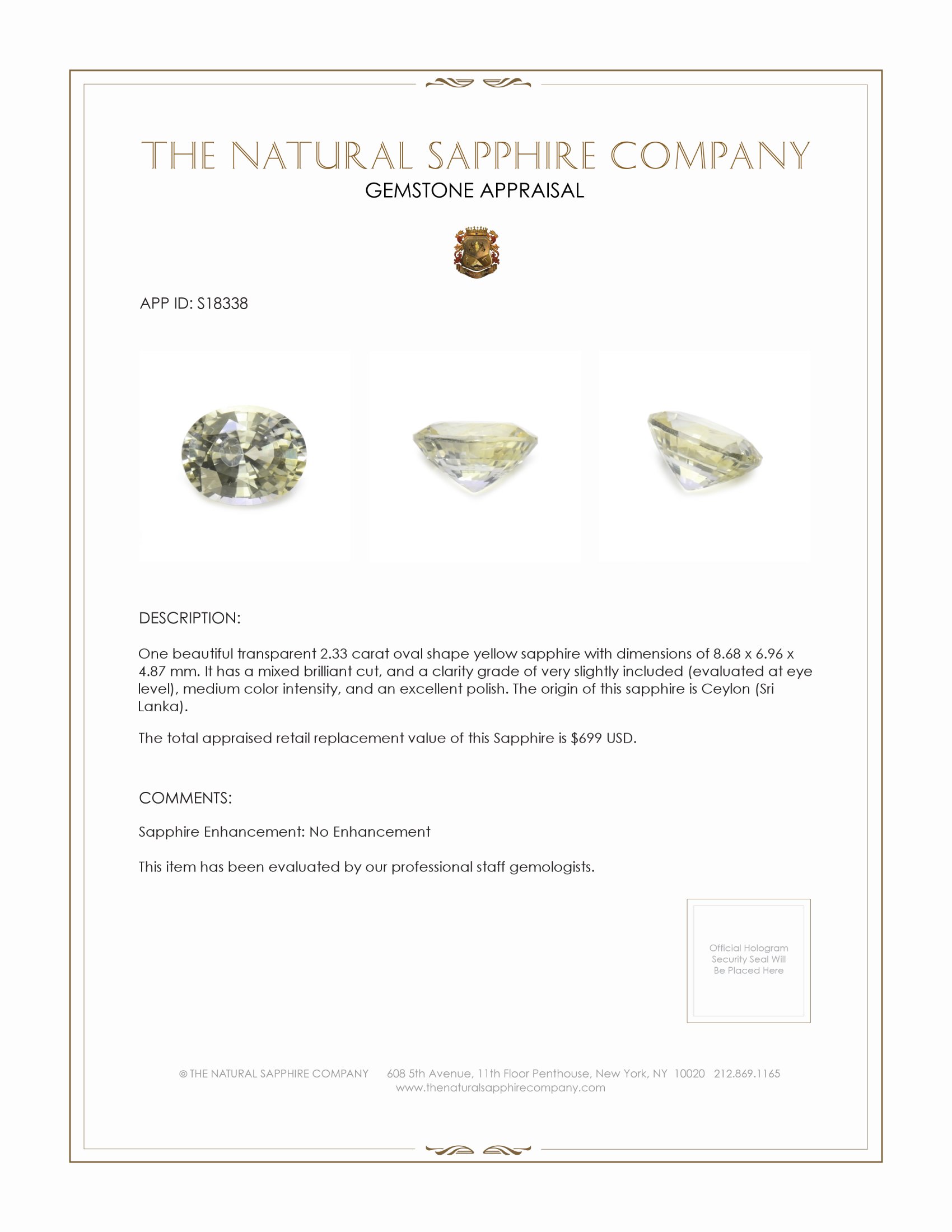 2.33 Ct. Yellow Sapphire from Ceylon (Sri Lanka)