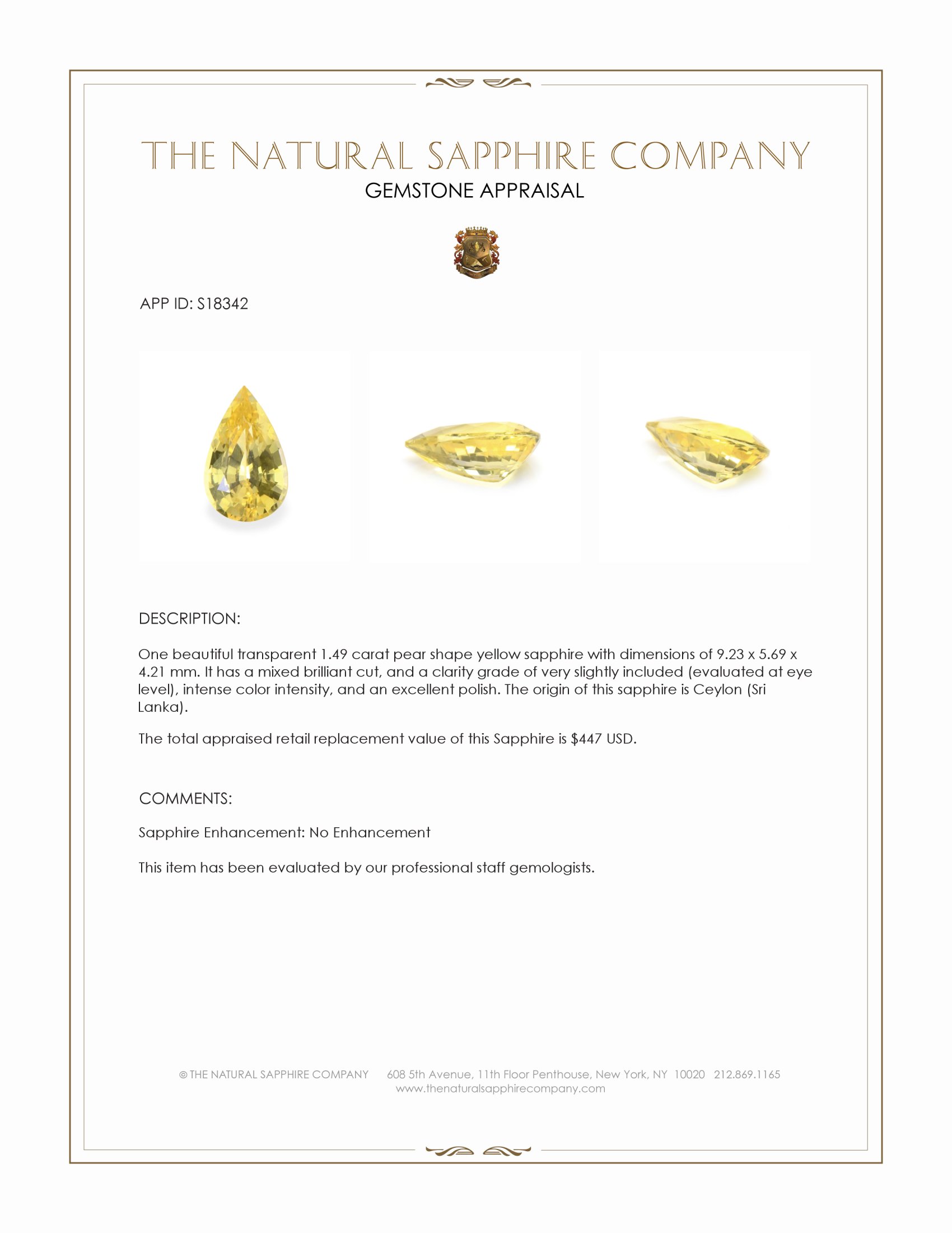 1.49 Ct. Yellow Sapphire from Ceylon (Sri Lanka)