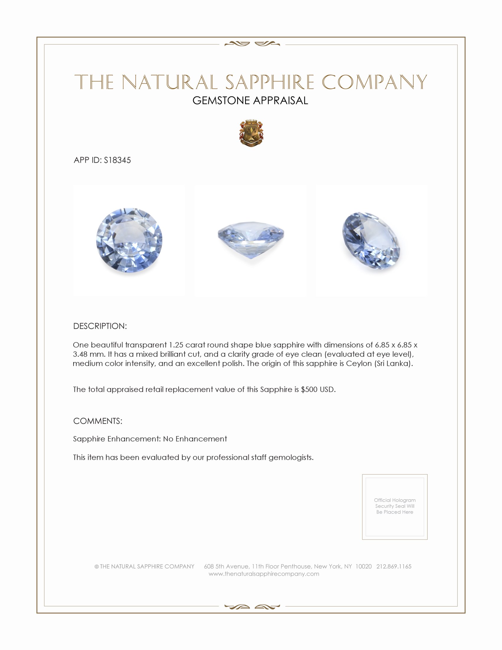 1.25 Ct. Blue Sapphire from Ceylon (Sri Lanka)