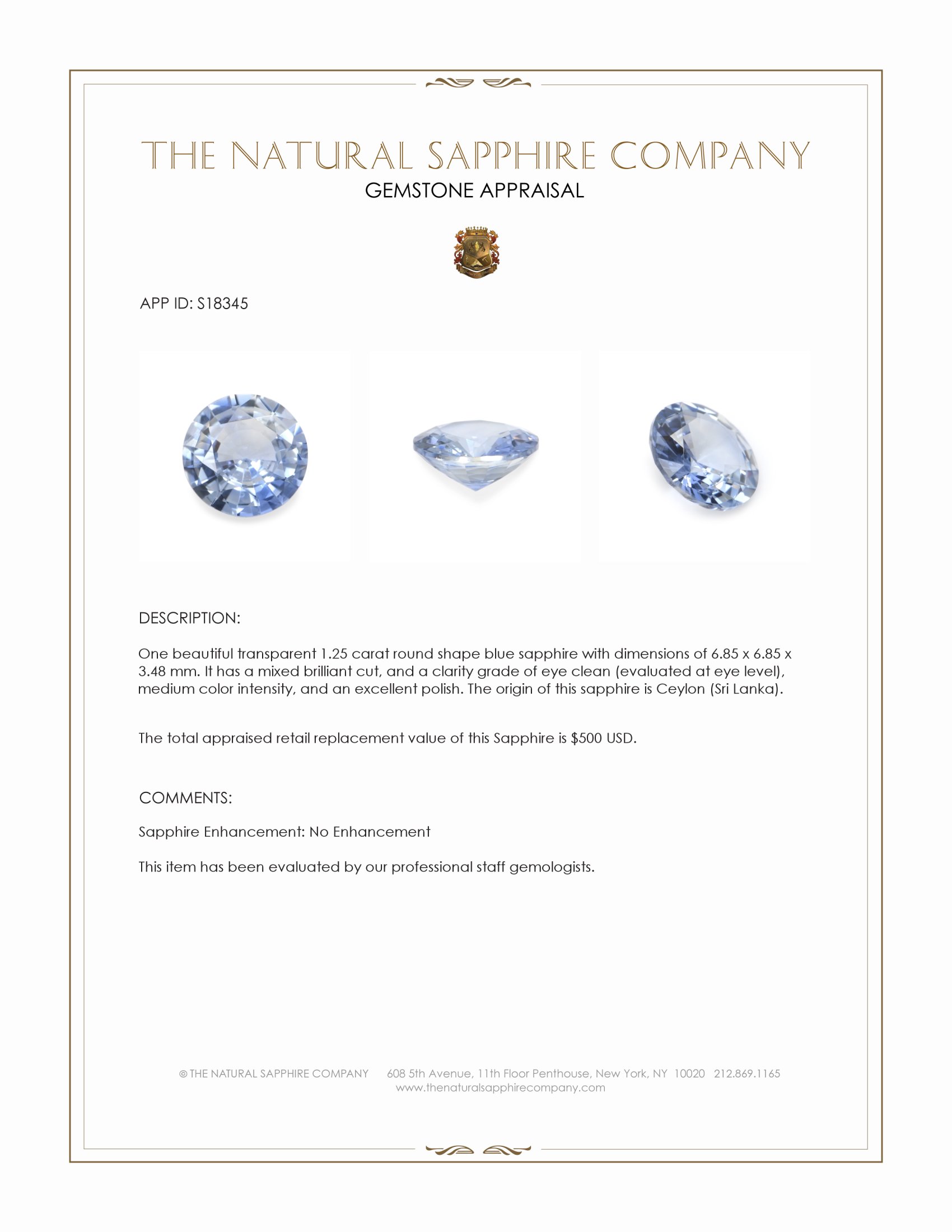 1.25 Ct. Blue Sapphire from Ceylon (Sri Lanka)