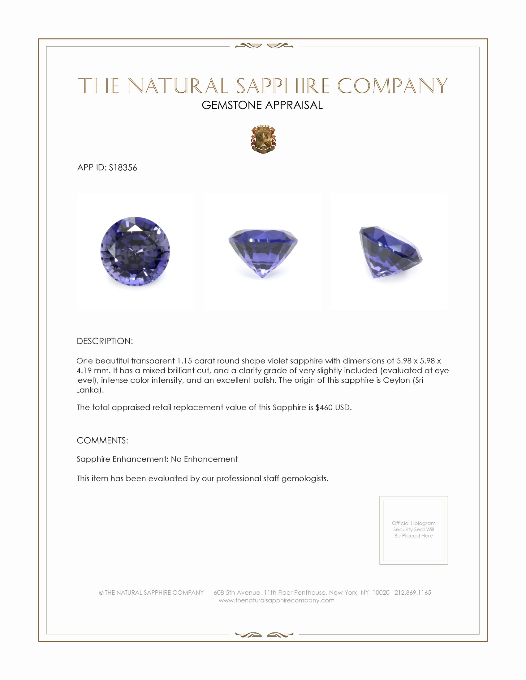 1.15 Ct. Violet Sapphire from Ceylon (Sri Lanka)