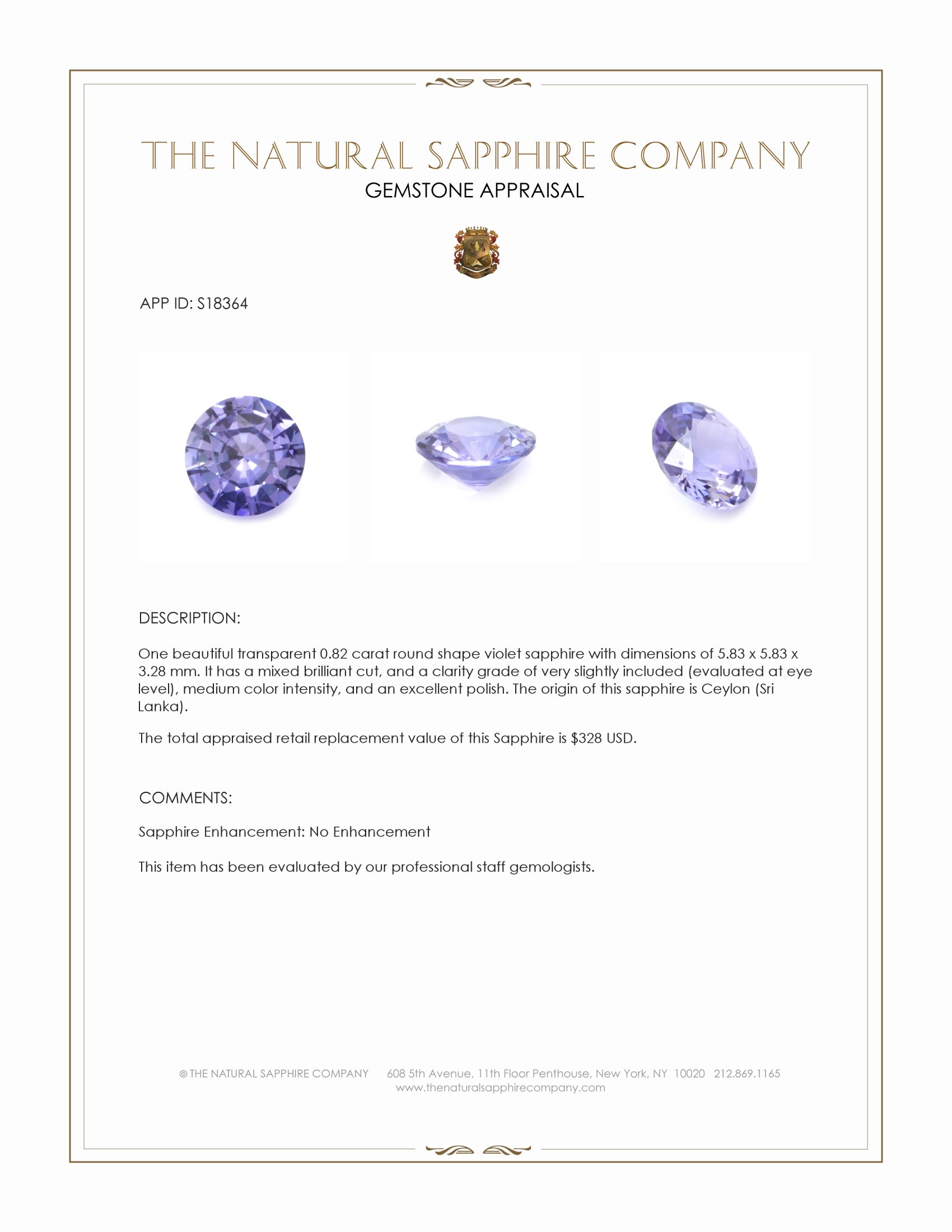 0.82 Ct. Violet Sapphire from Ceylon (Sri Lanka)