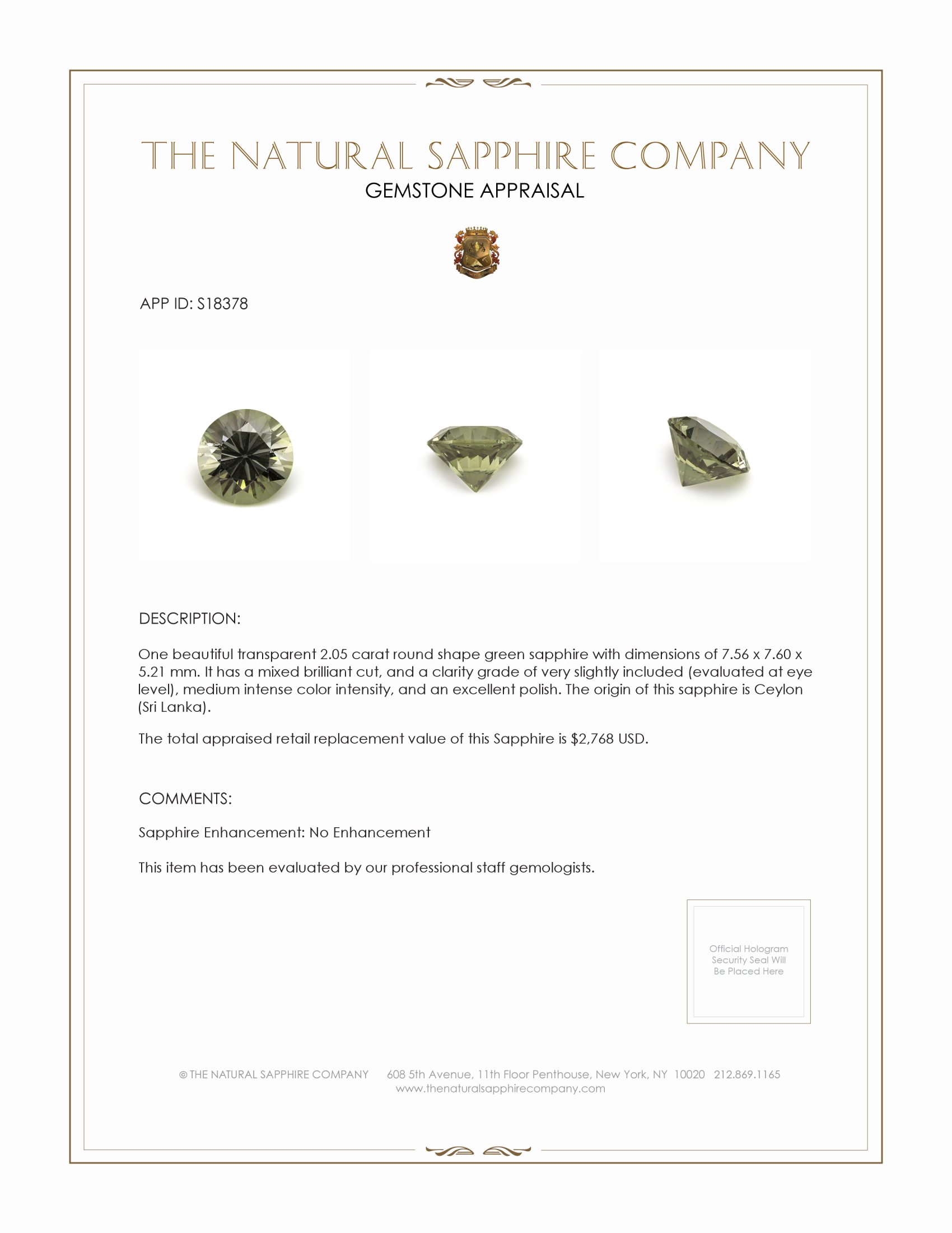 2.05 Ct. Brownish Green Sapphire from Ceylon (Sri Lanka)