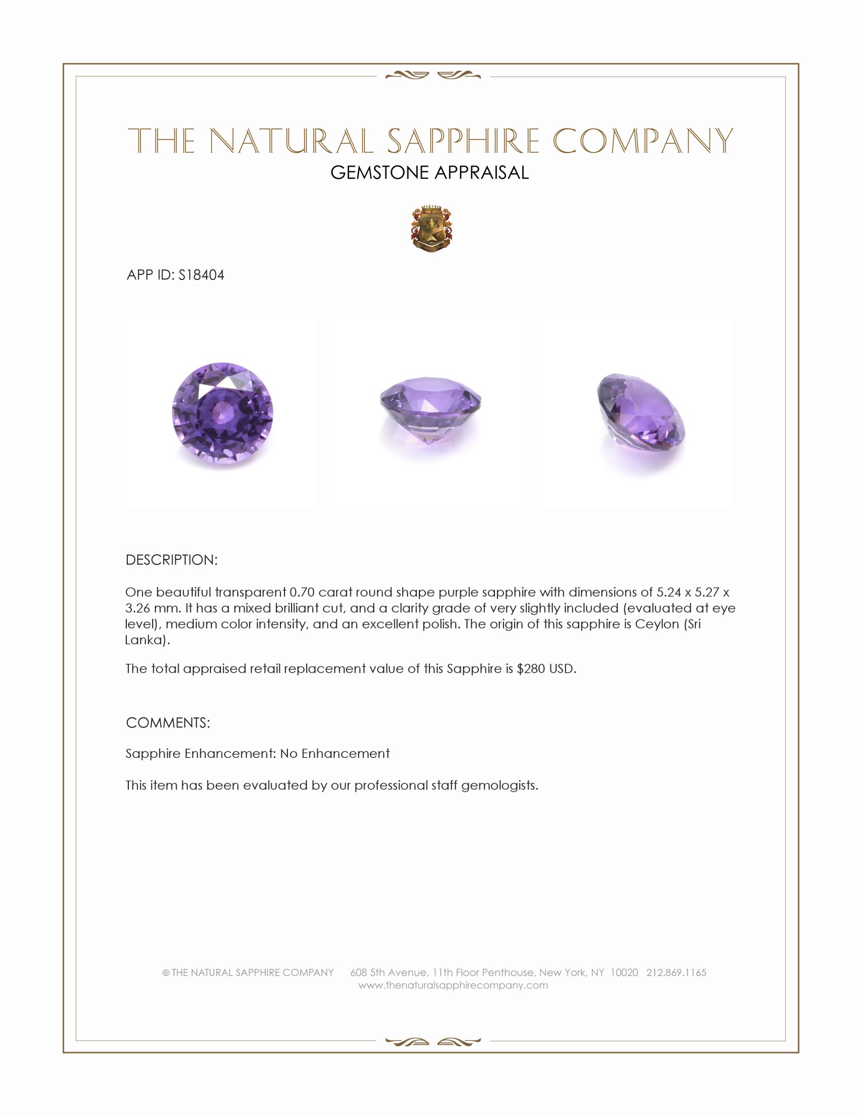 0.70 Ct. Purple Sapphire from Ceylon (Sri Lanka)