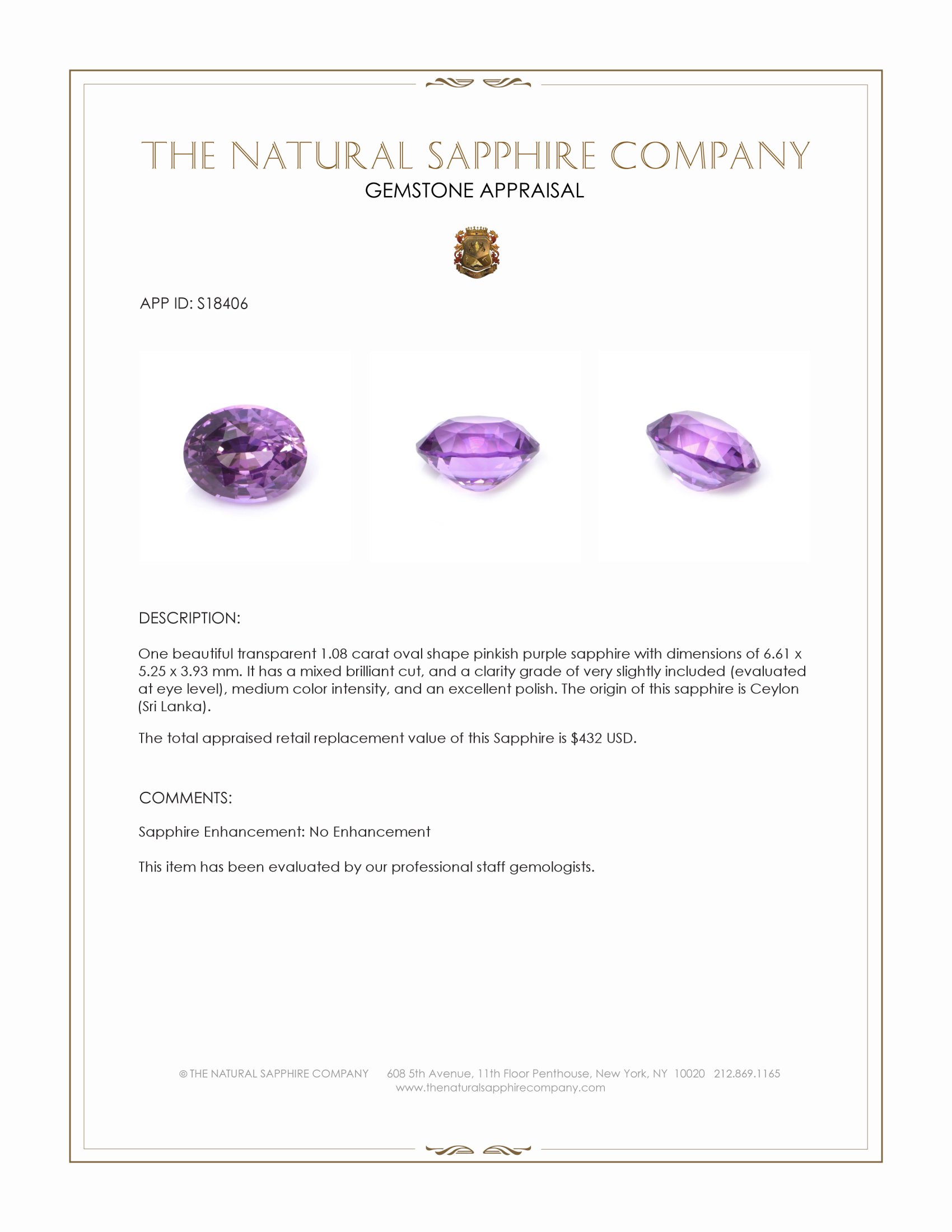1.08 Ct. Pinkish Purple Sapphire from Ceylon (Sri Lanka)