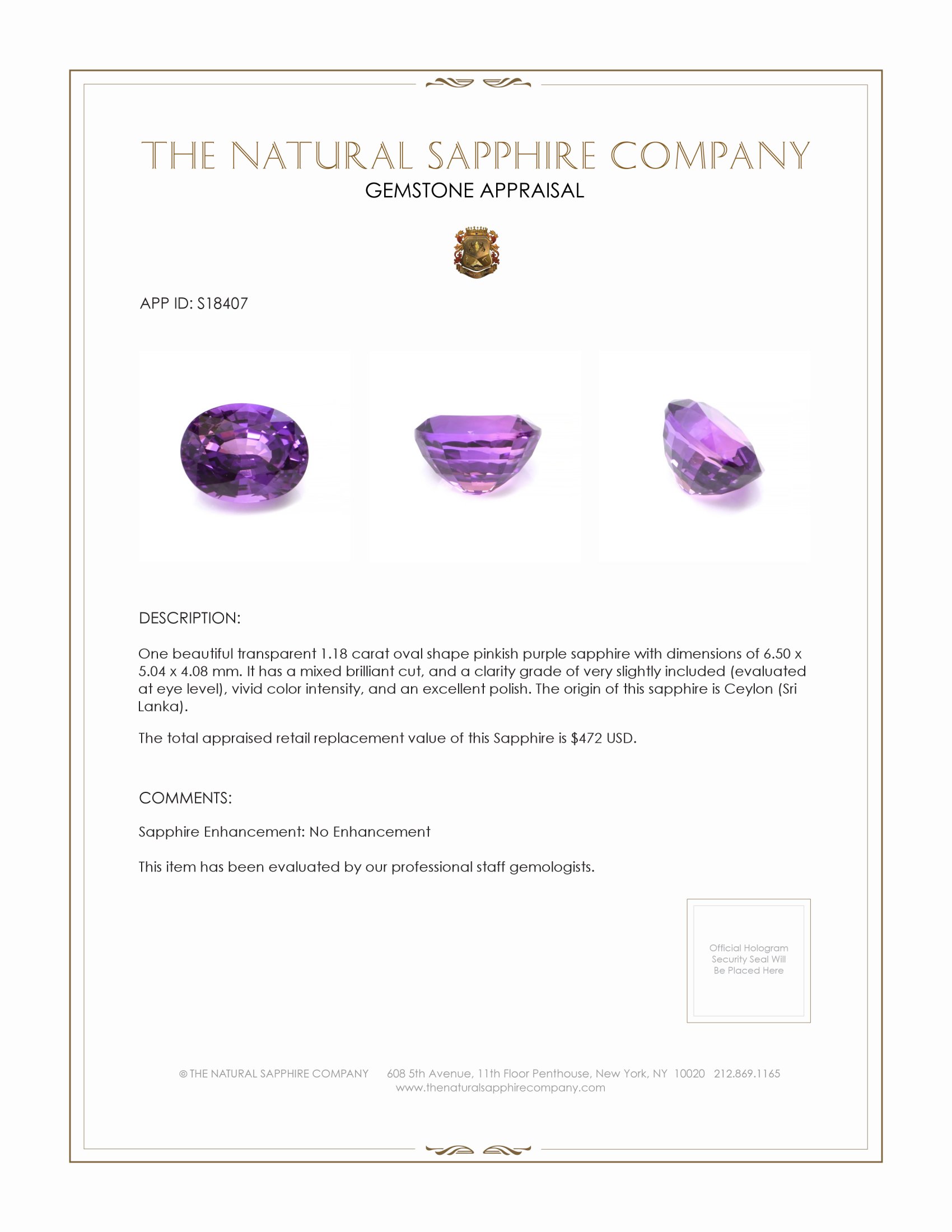 1.18 Ct. Pinkish Purple Sapphire from Ceylon (Sri Lanka)