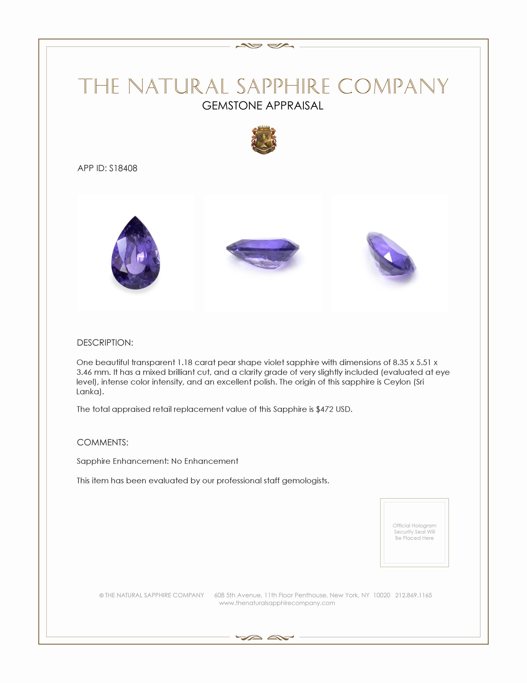 1.18 Ct. Violet Sapphire from Ceylon (Sri Lanka)