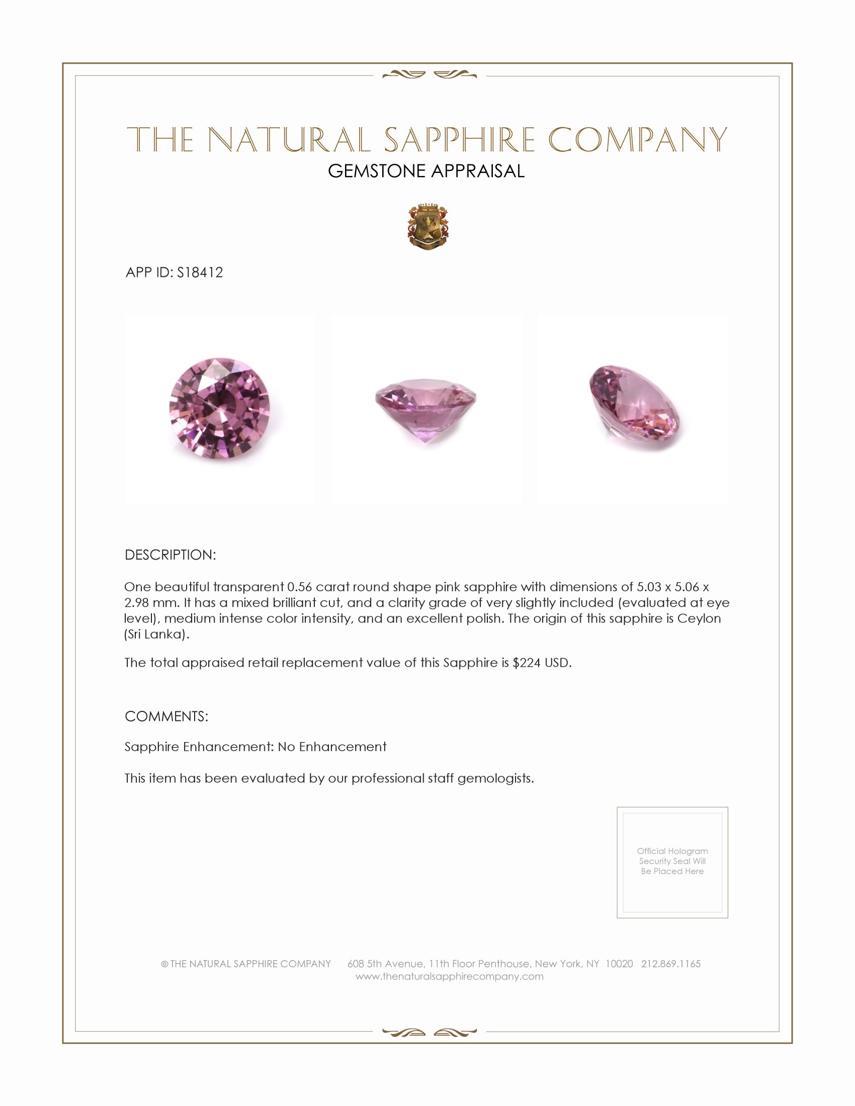 0.56 Ct. Pink Sapphire from Ceylon (Sri Lanka)