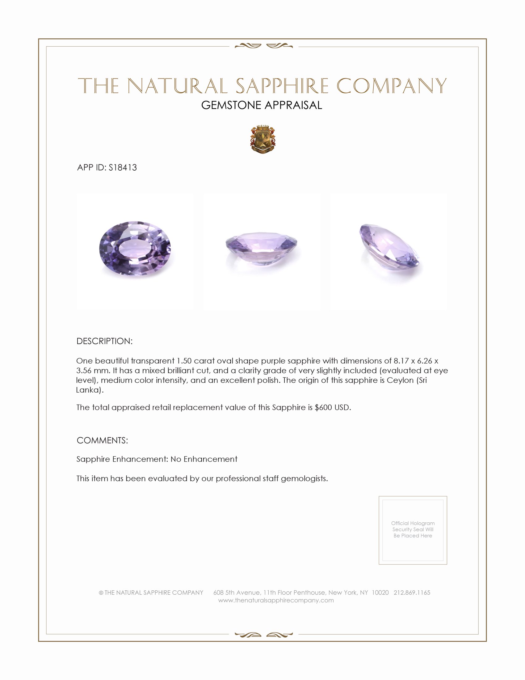 1.50 Ct. Purple Sapphire from Ceylon (Sri Lanka)