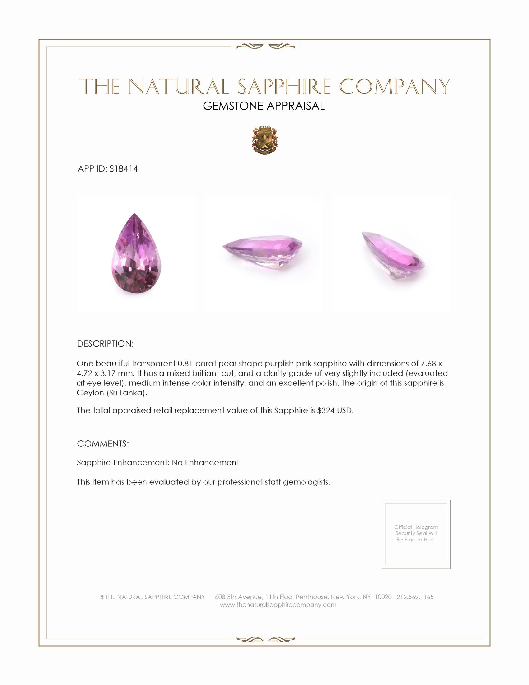 0.81 Ct. Purplish Pink Sapphire from Ceylon (Sri Lanka)