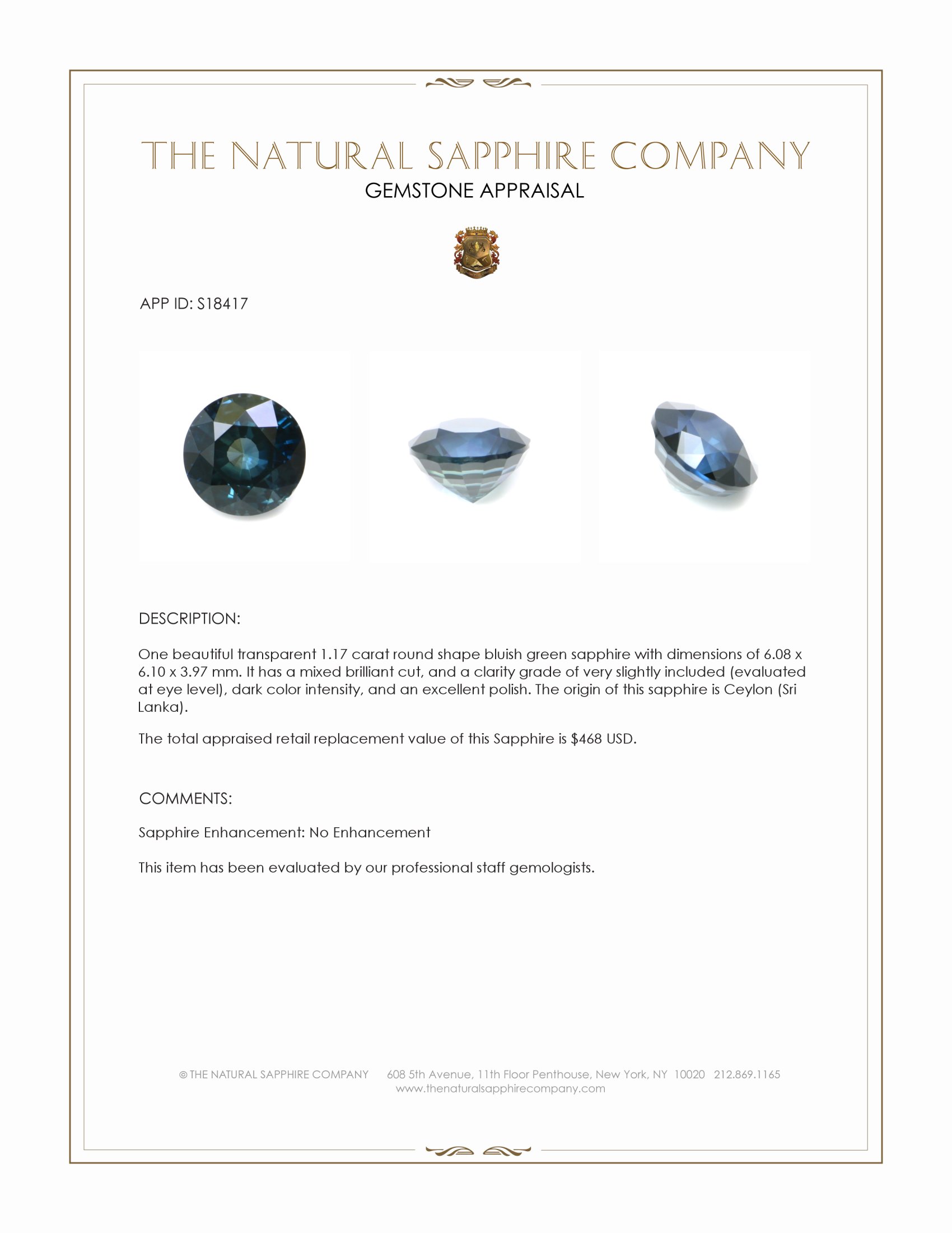 1.17 Ct. Bluish Green Sapphire from Ceylon (Sri Lanka)