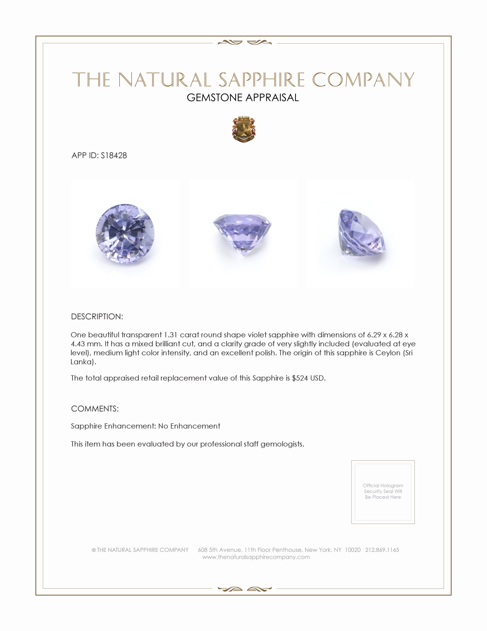 1.31 Ct. Violet Sapphire from Ceylon (Sri Lanka)