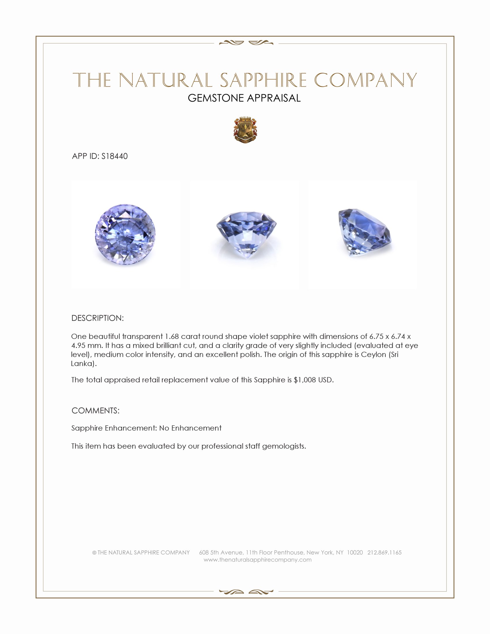 1.68 Ct. Violet Sapphire from Ceylon (Sri Lanka)