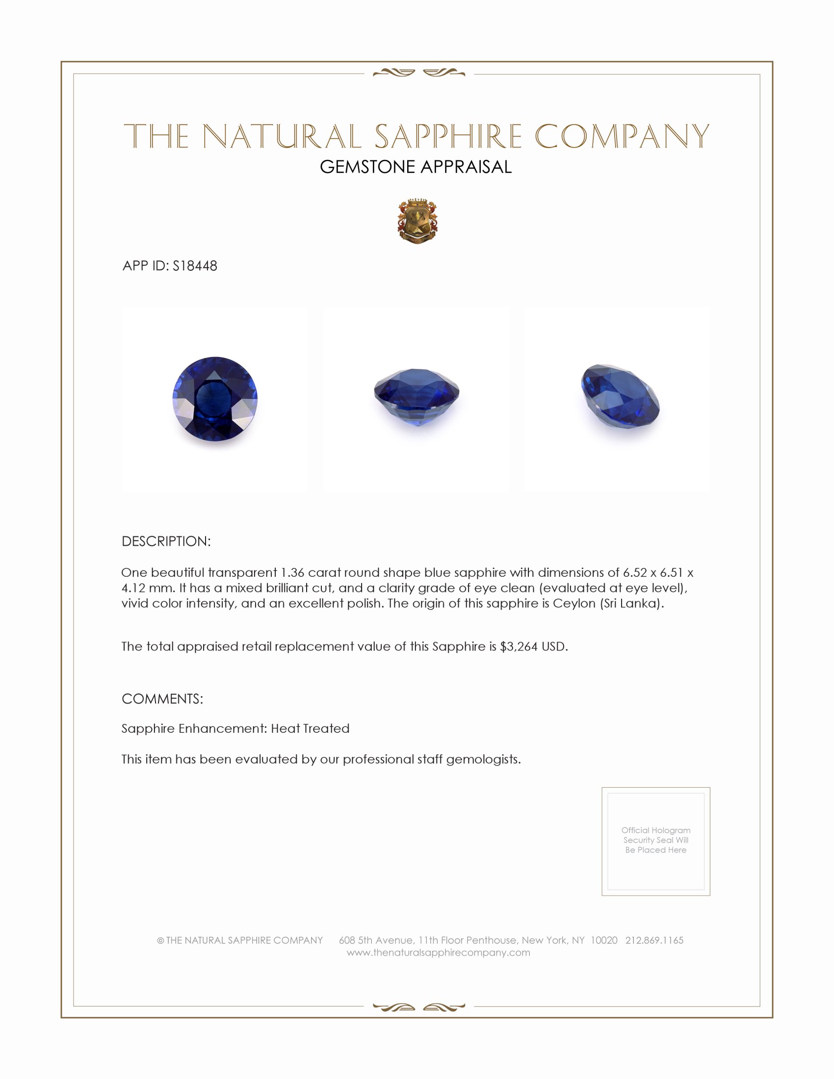 1.36 Ct. Blue Sapphire from Ceylon (Sri Lanka)