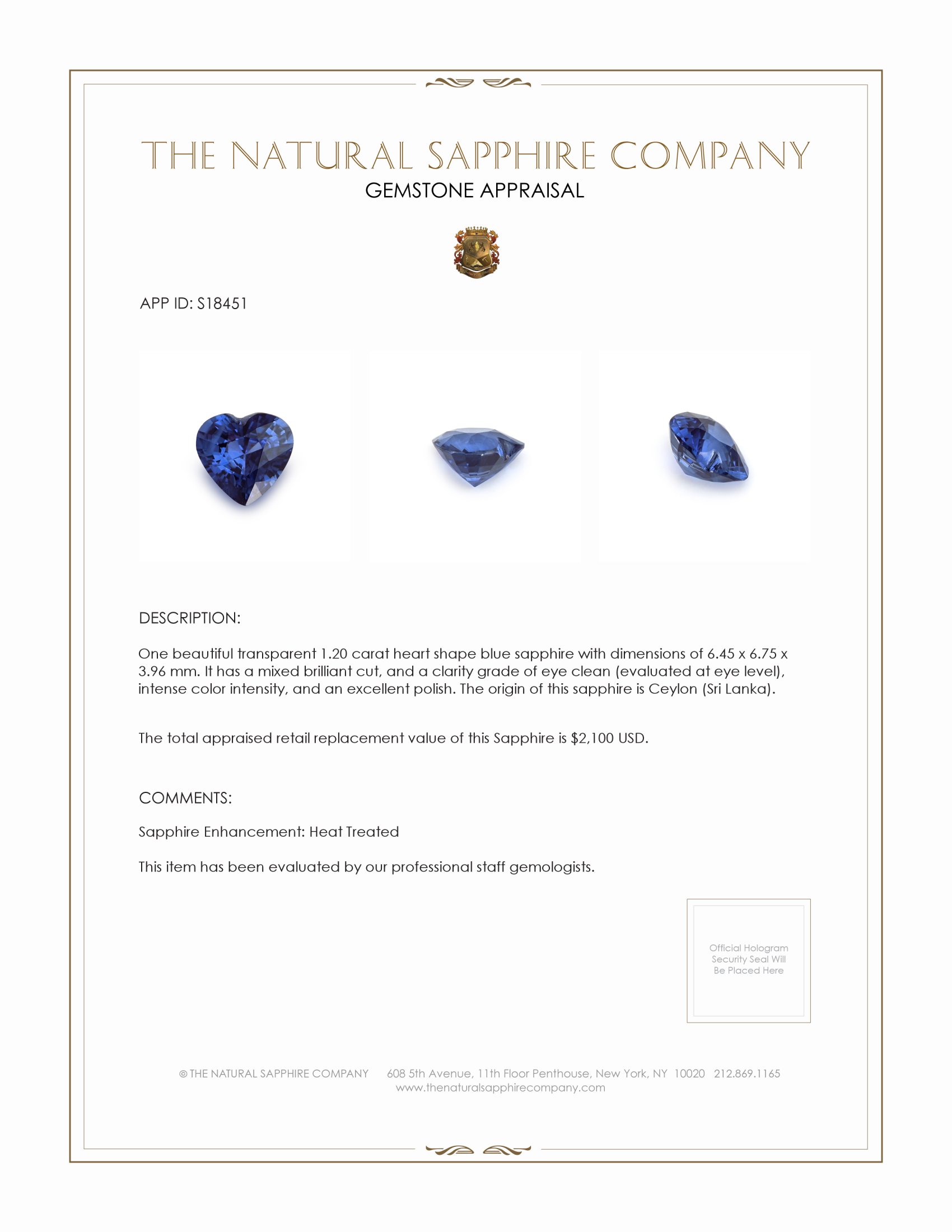 1.20 Ct. Blue Sapphire from Ceylon (Sri Lanka)