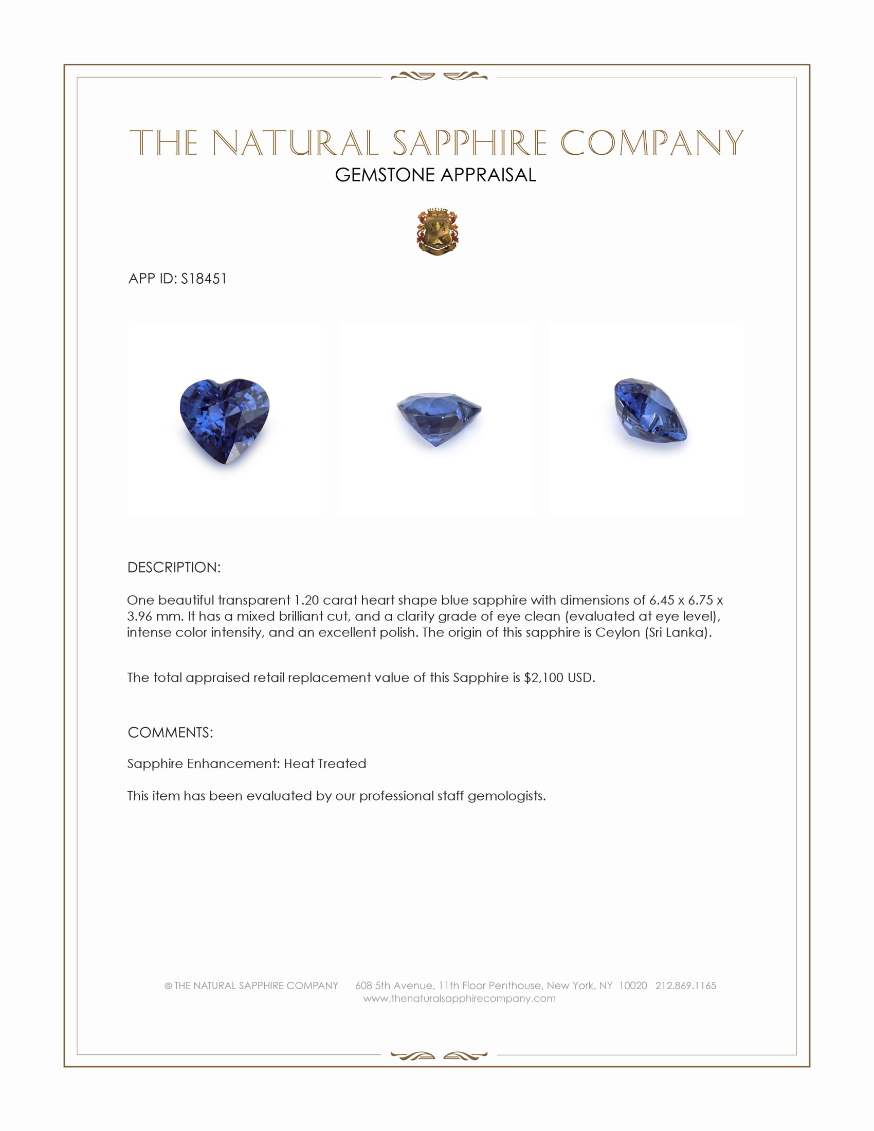 1.20 Ct. Blue Sapphire from Ceylon (Sri Lanka)