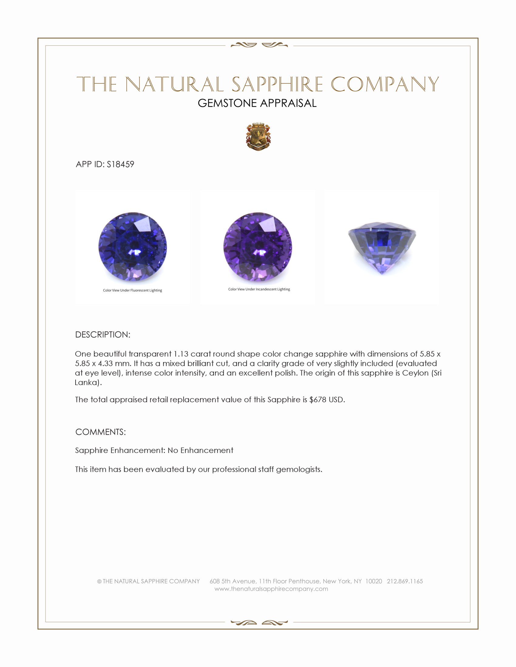1.13 Ct. Color Change Sapphire from Ceylon (Sri Lanka)