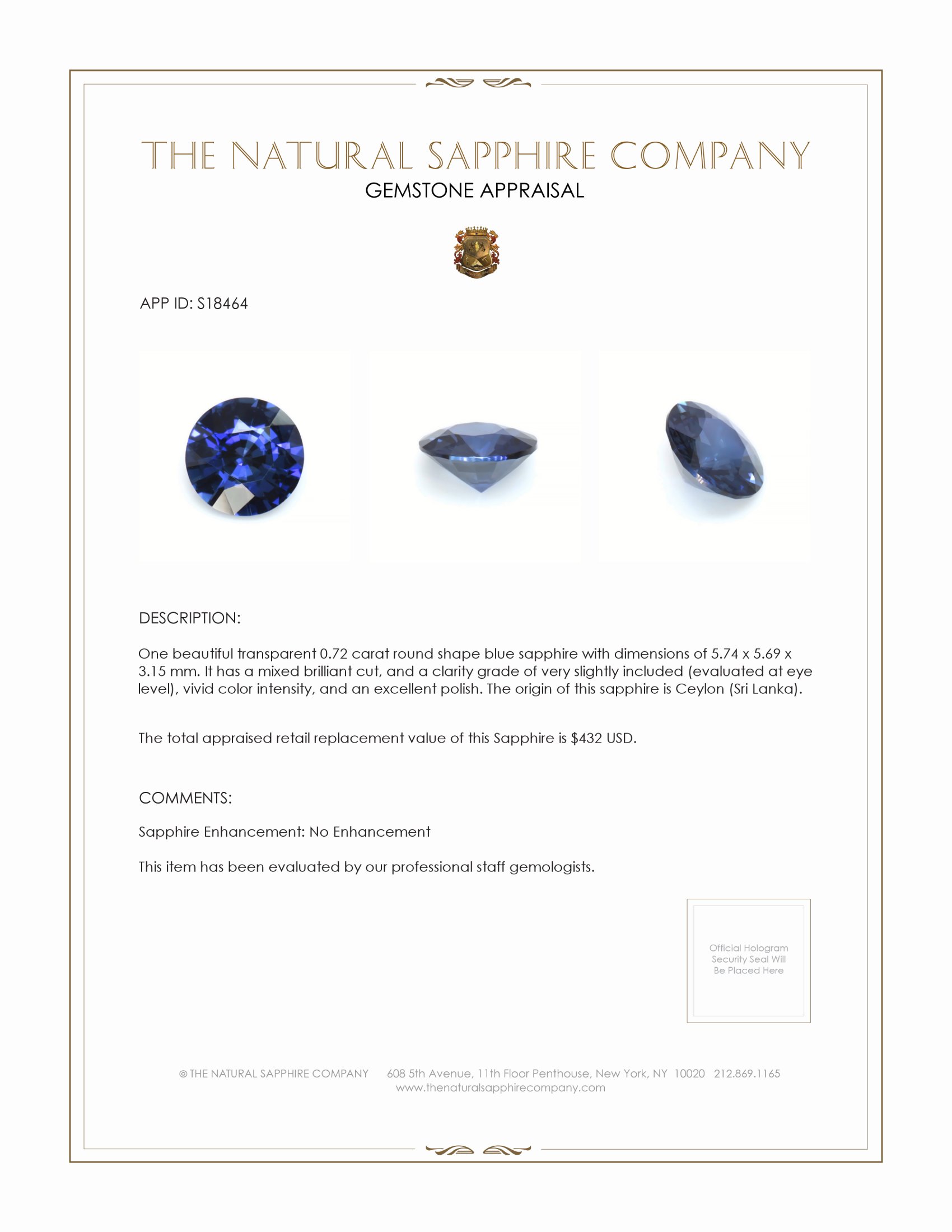 0.72 Ct. Blue Sapphire from Ceylon (Sri Lanka)