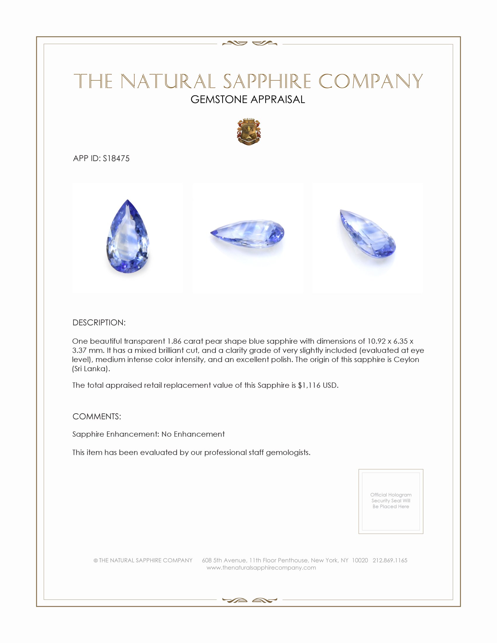 1.86 Ct. Blue Sapphire from Ceylon (Sri Lanka)
