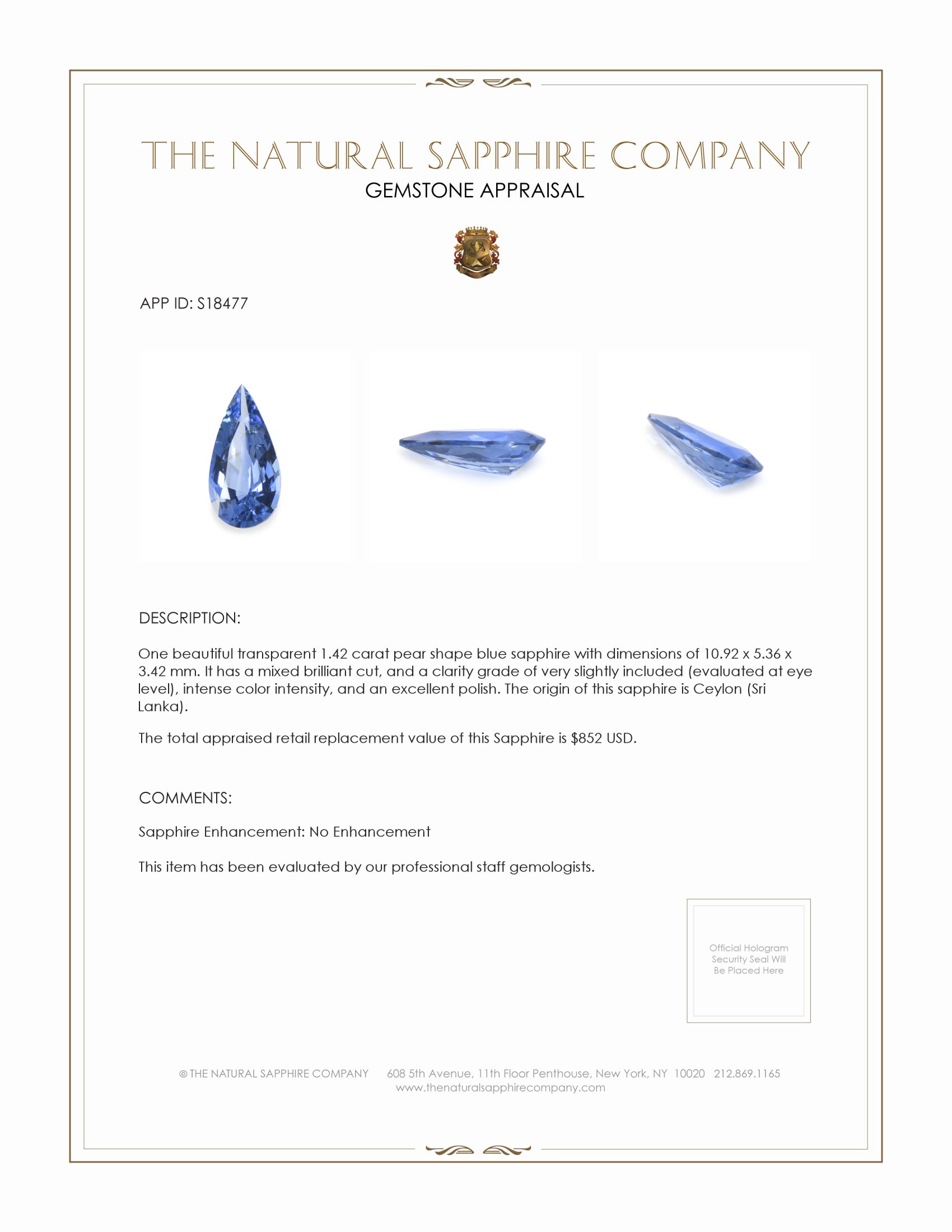 1.42 Ct. Blue Sapphire from Ceylon (Sri Lanka)