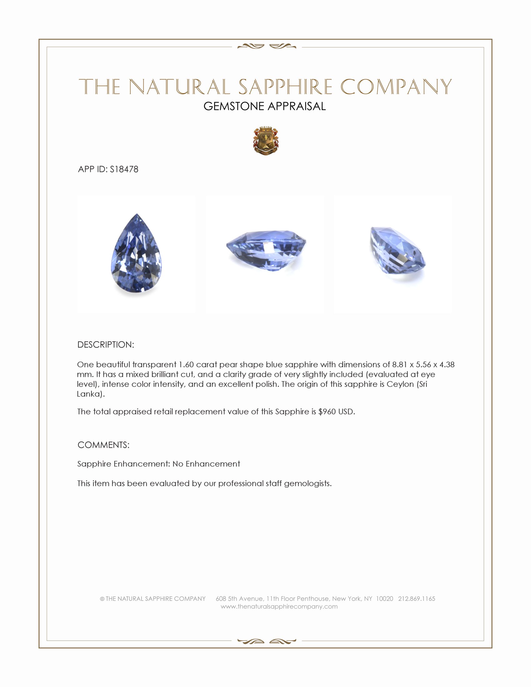 1.60 Ct. Blue Sapphire from Ceylon (Sri Lanka)
