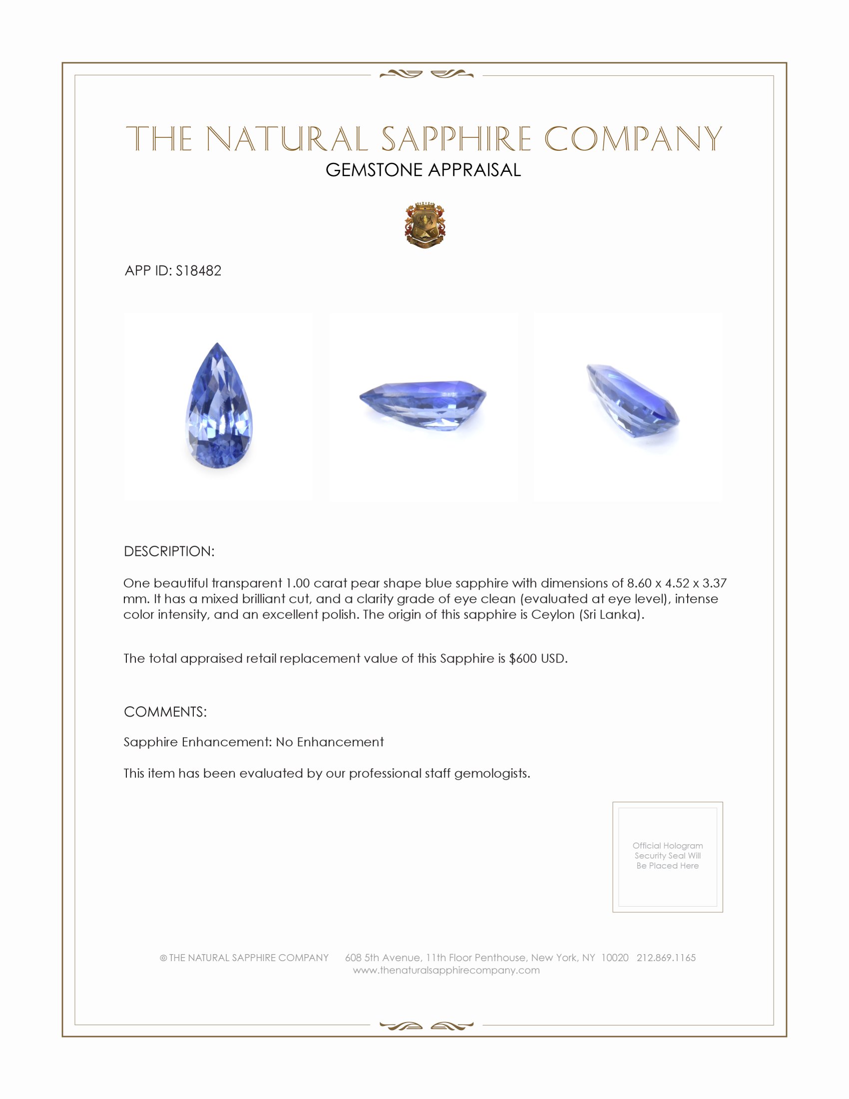 1.00 Ct. Blue Sapphire from Ceylon (Sri Lanka)