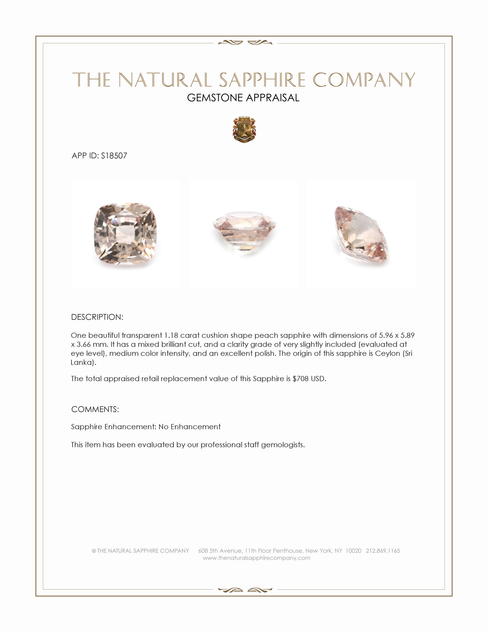 1.18 Ct. Peach Sapphire from Ceylon (Sri Lanka)