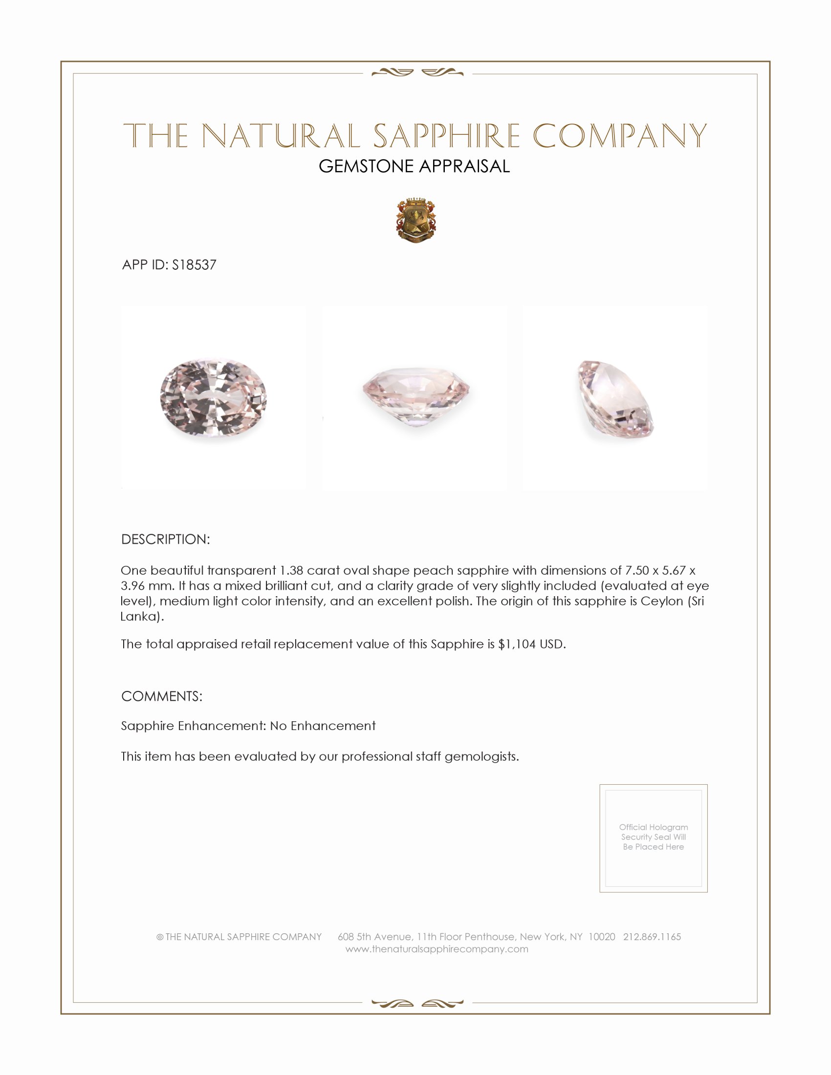 1.38 Ct. Peach Sapphire from Ceylon (Sri Lanka)