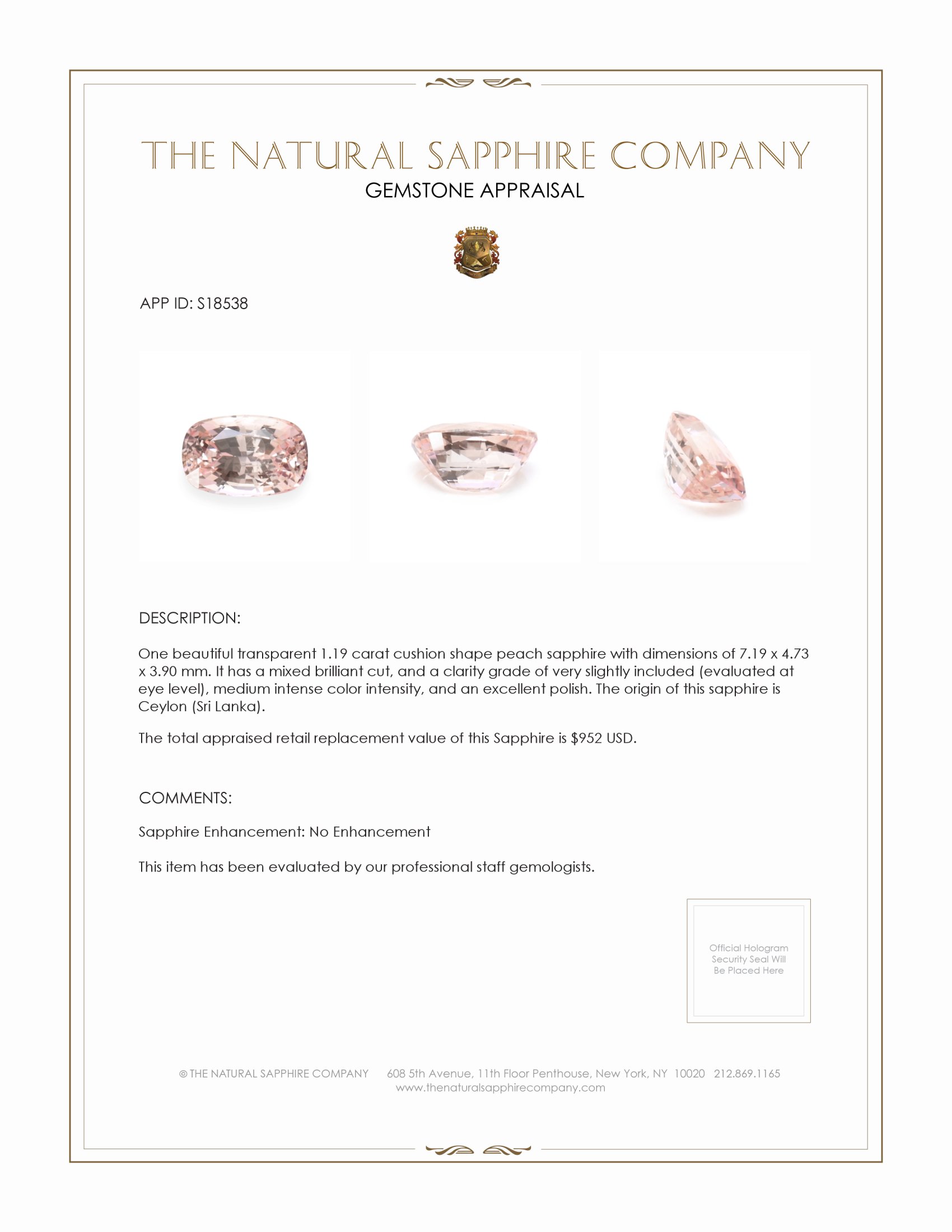 1.19 Ct. Peach Sapphire from Ceylon (Sri Lanka)