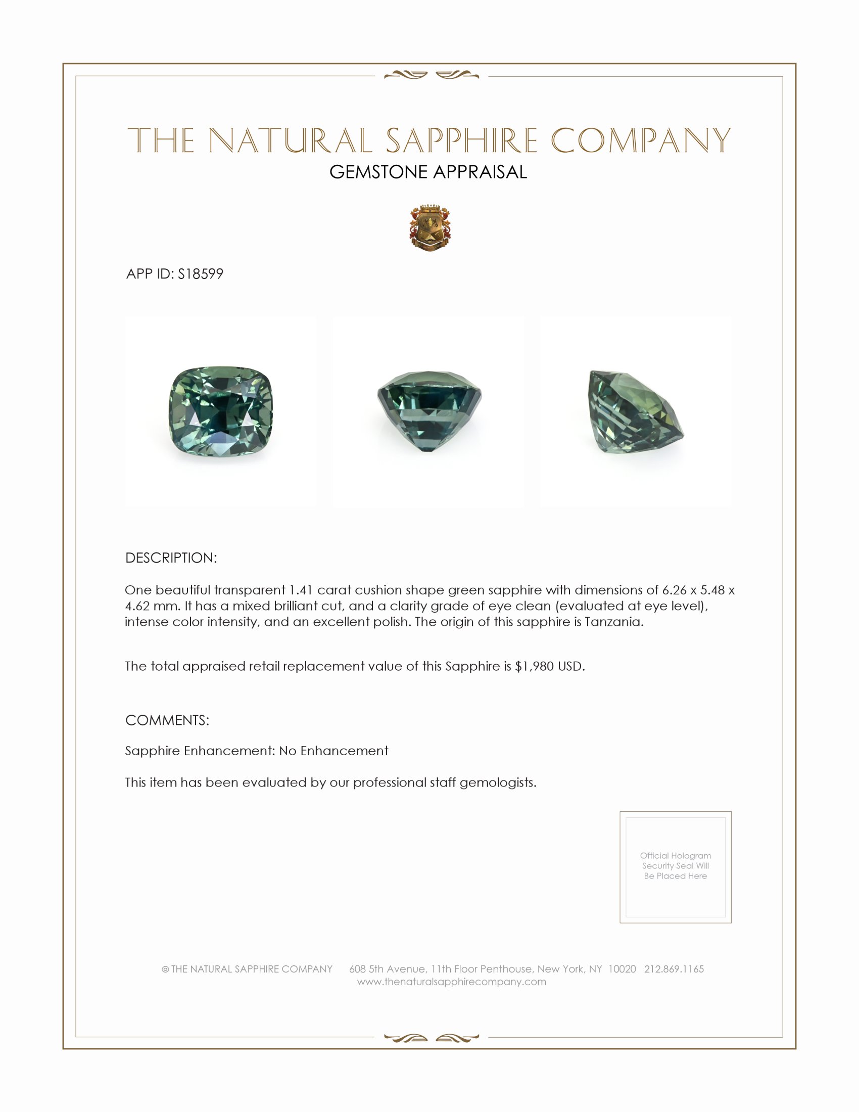 1.41 Ct. Green Sapphire from Tanzania