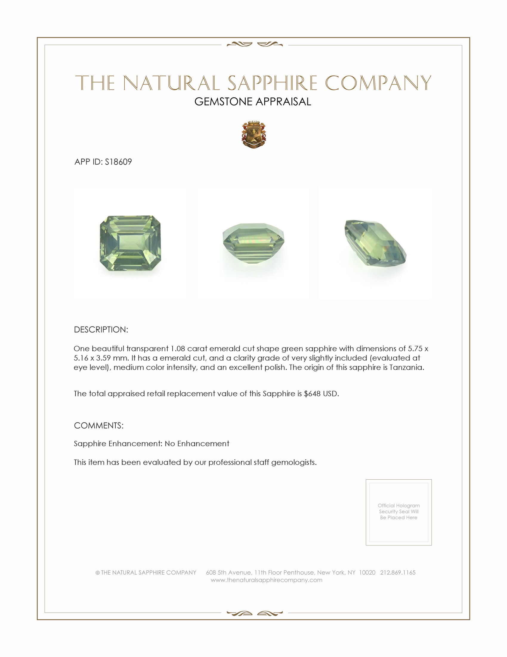 1.08 Ct. Green Sapphire from Tanzania
