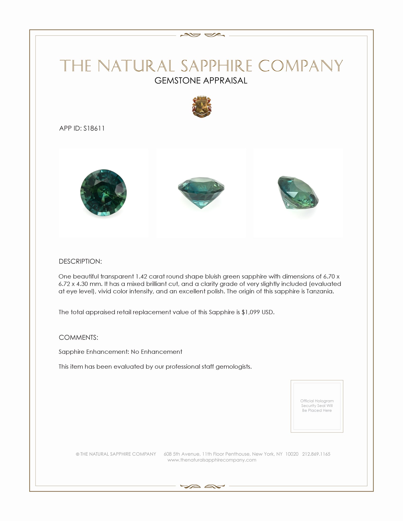 1.42 Ct. Bluish Green Sapphire from Tanzania
