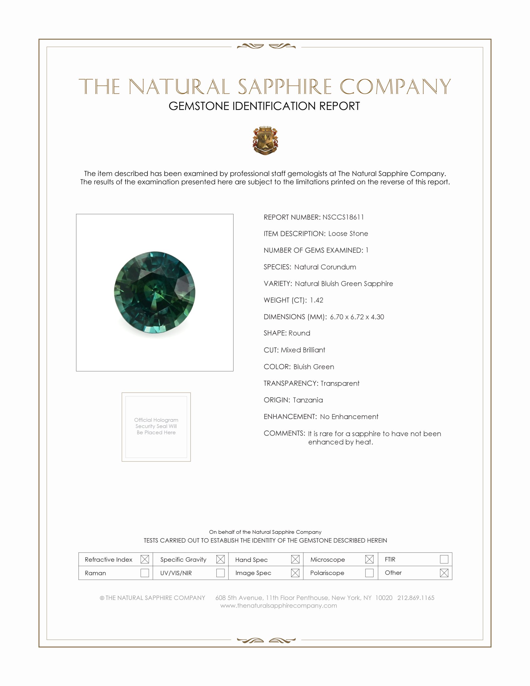 1.42 Ct. Bluish Green Sapphire from Tanzania