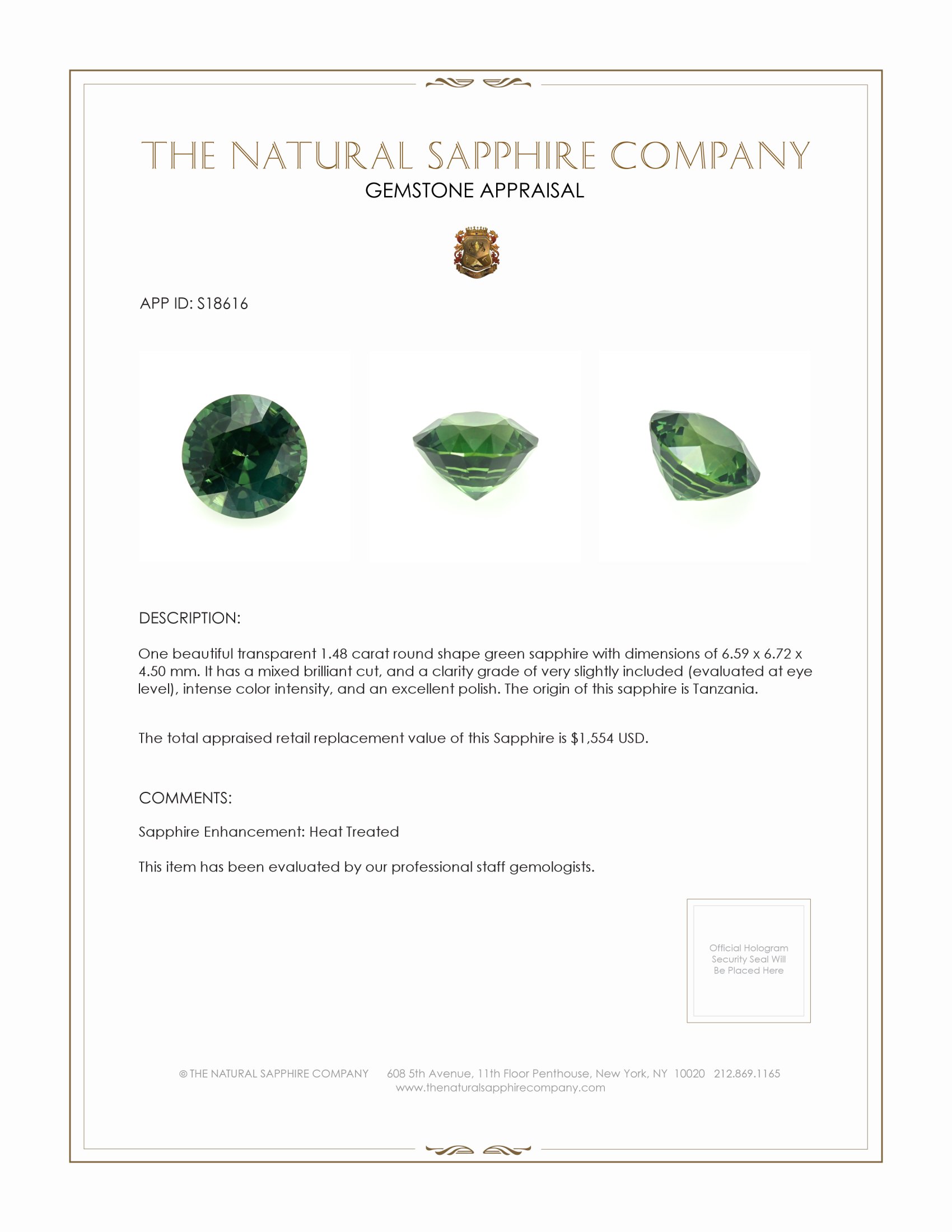 1.48 Ct. Green Sapphire from Tanzania
