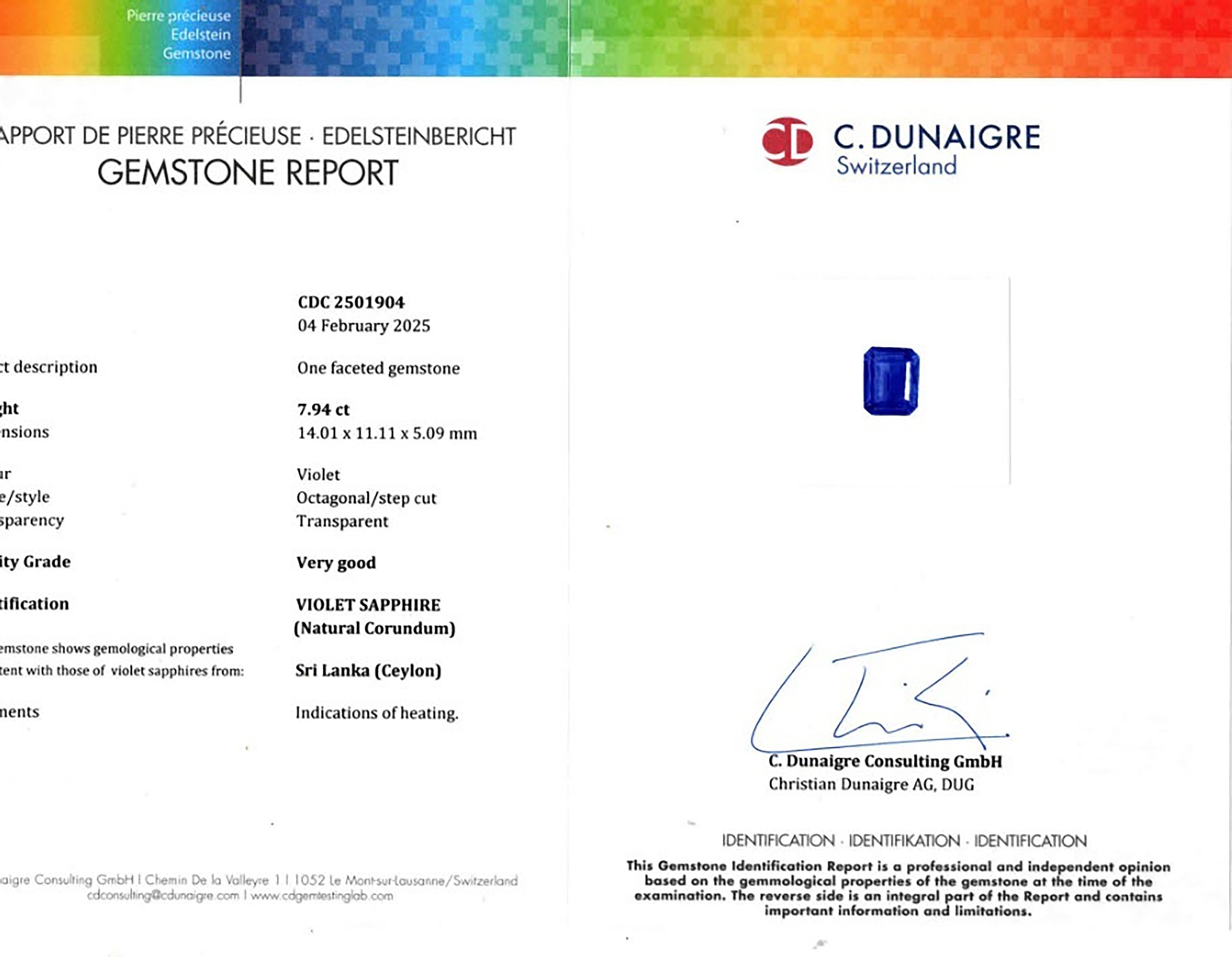 7.94 Ct. Violet Sapphire from Ceylon (Sri Lanka)