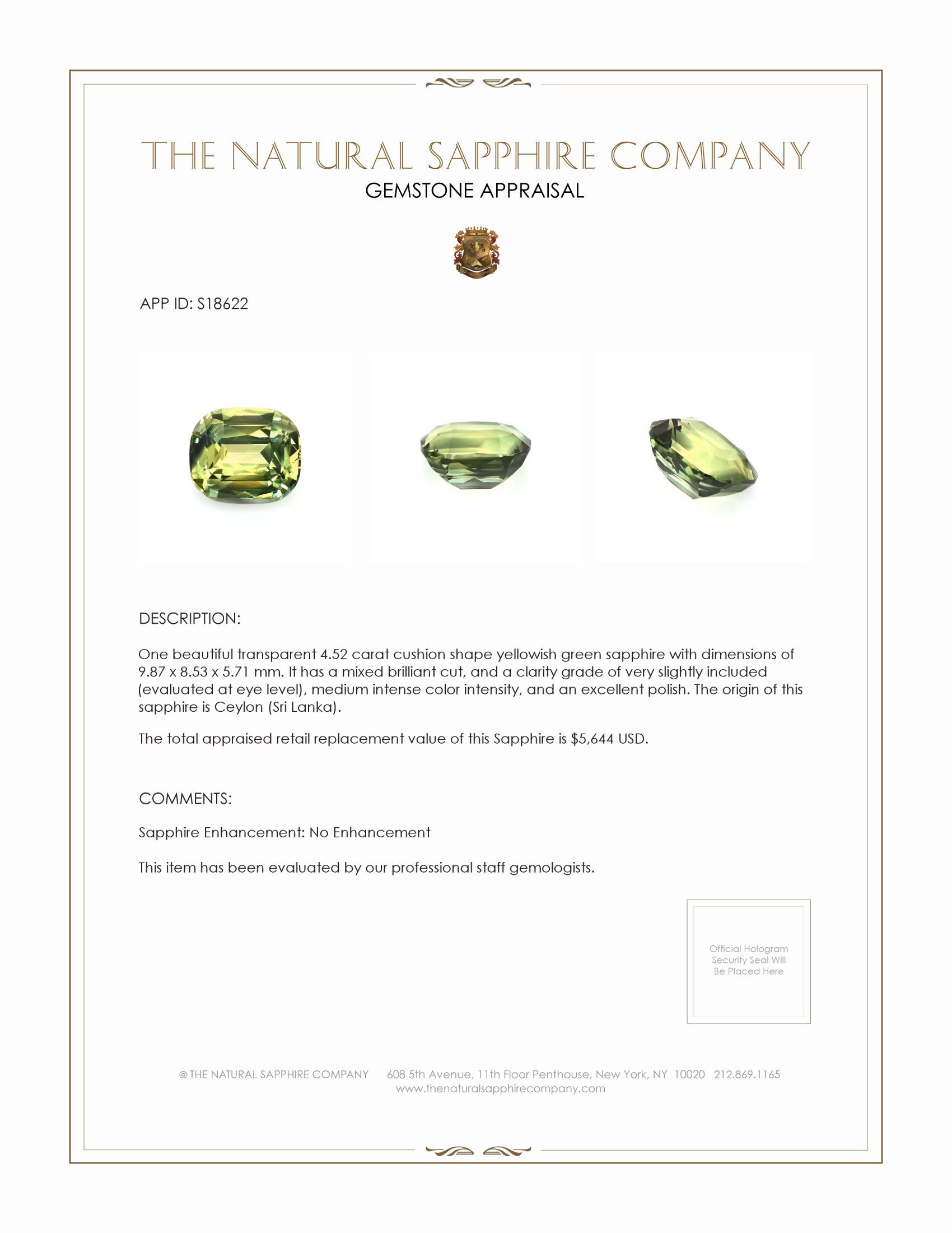 4.52 Ct. Yellowish Green Sapphire from Ceylon (Sri Lanka)