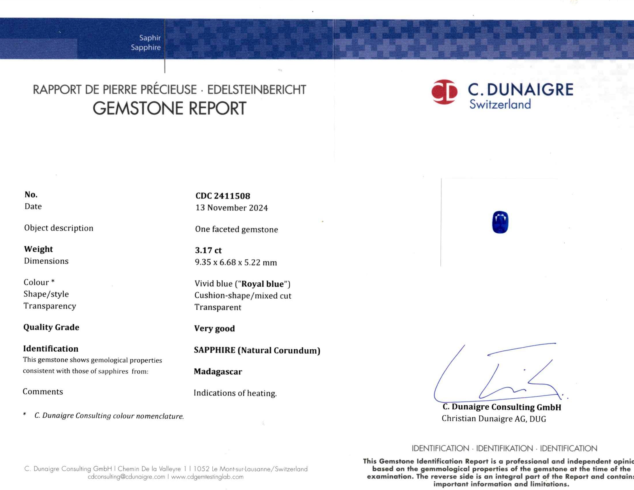 3.17 Ct. Blue Sapphire from Madagascar