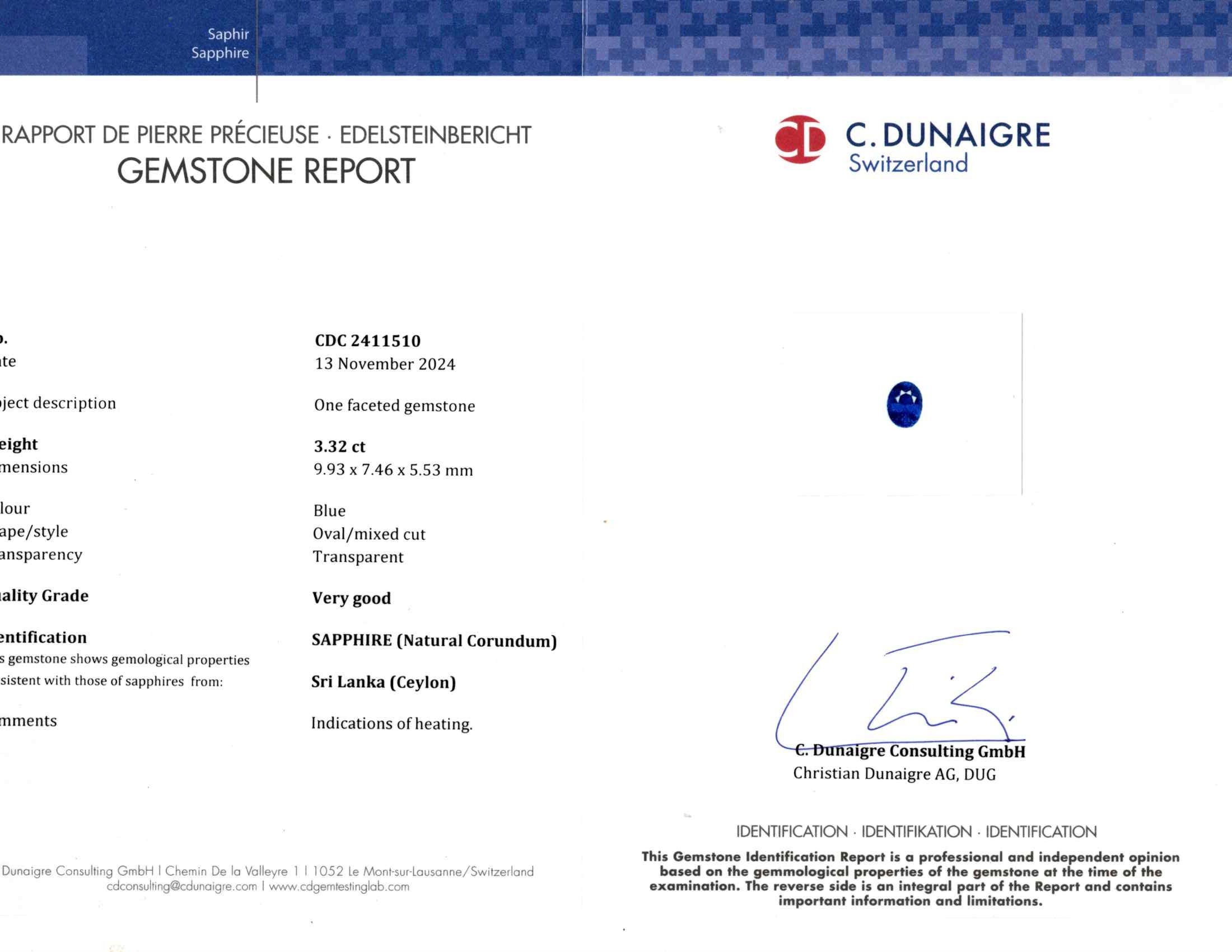 3.32 Ct. Blue Sapphire from Ceylon (Sri Lanka)