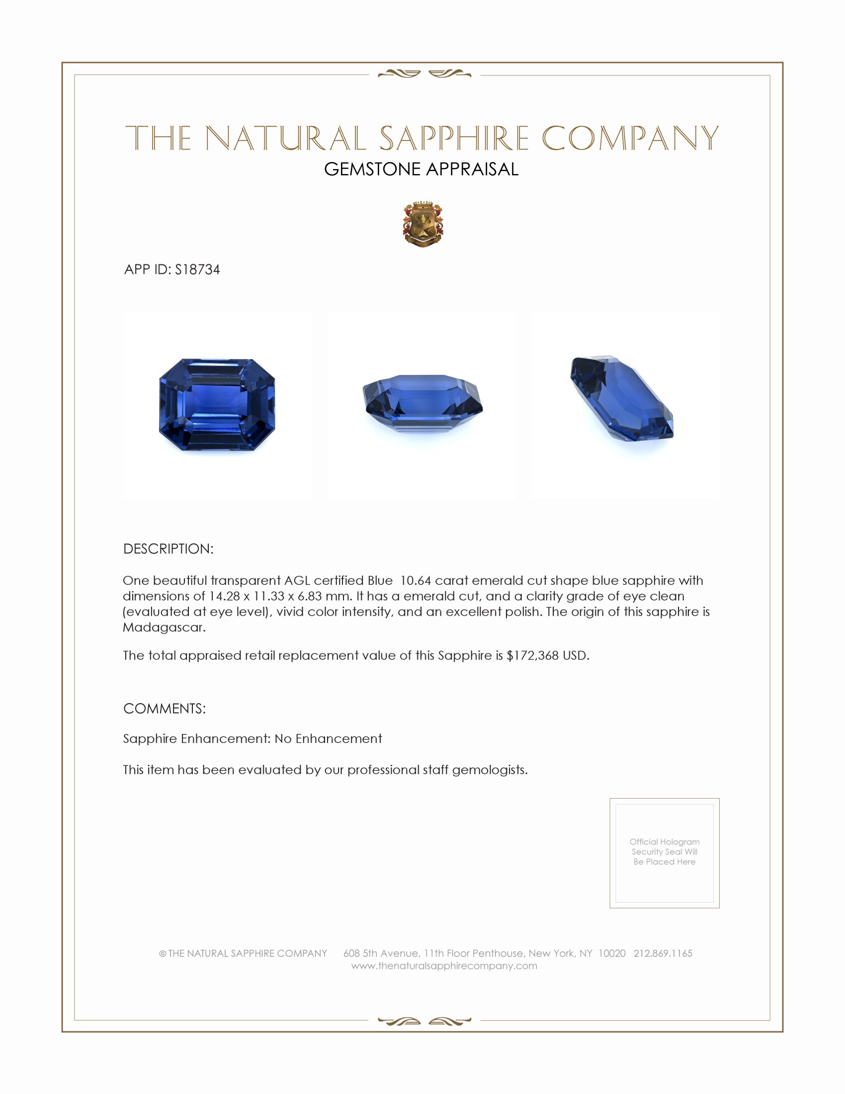 10.64 Ct. Blue Sapphire from Madagascar