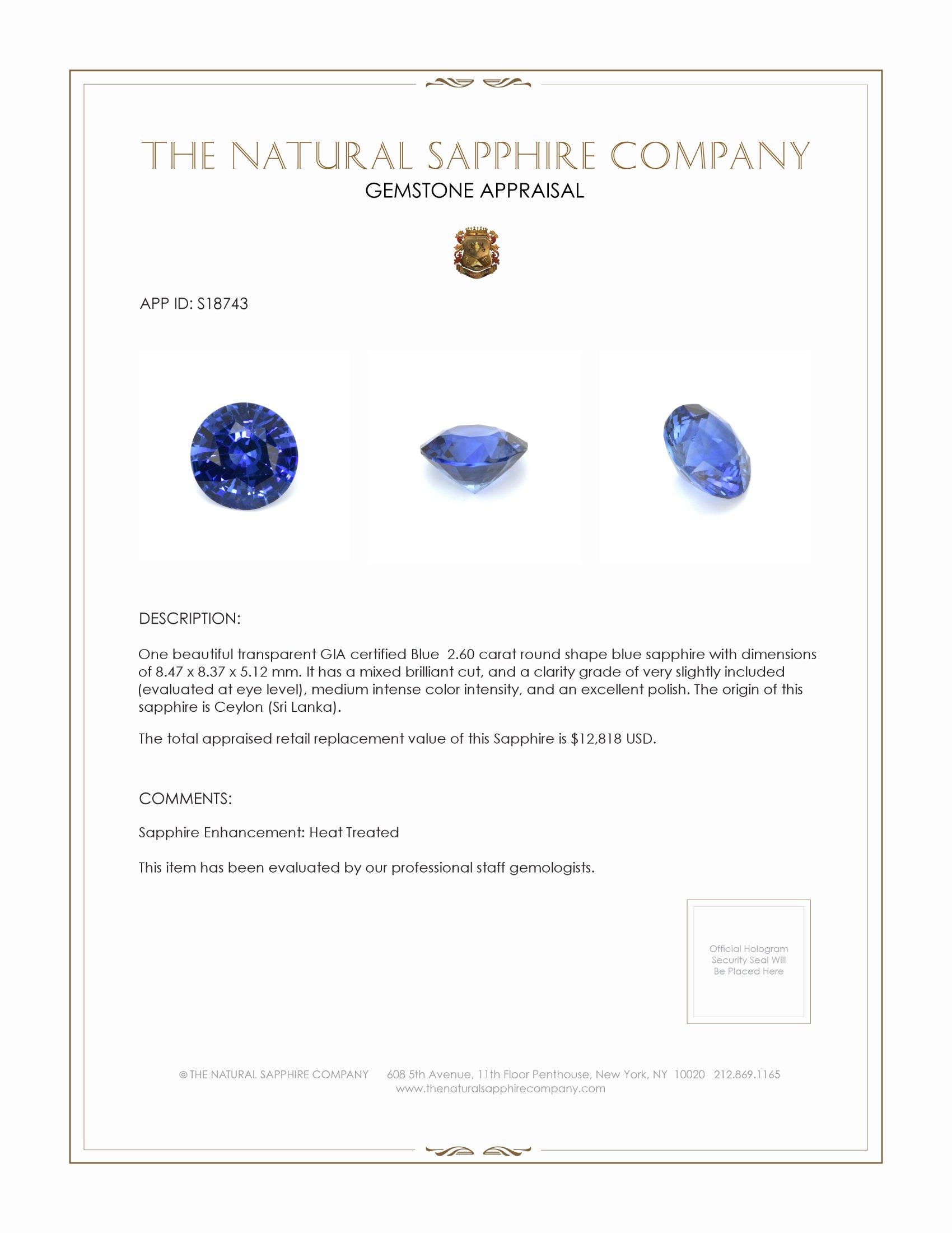 2.60 Ct. Blue Sapphire from Ceylon (Sri Lanka)